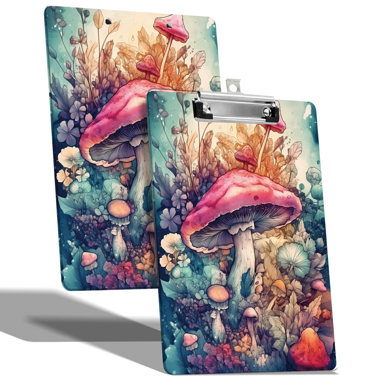 A4 Size Clipboard with Hanging Hook and Low Profile Clip, Plastic Nurse Clipboard Writing Drawing Board with Double-Side Pink Mushrooms Print for Woman Kids Office School Use