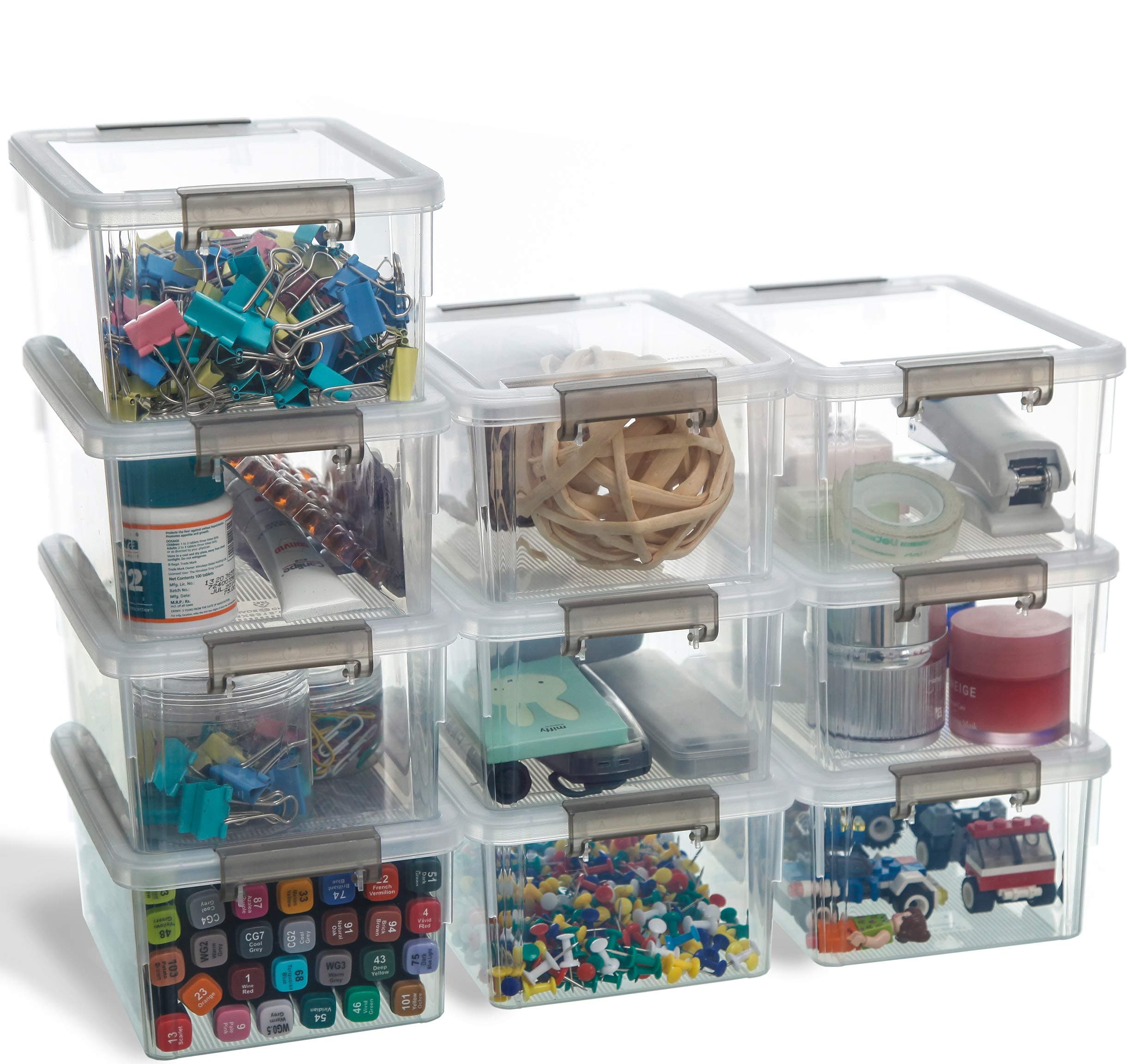 Citylife 10 Pack Small Storage Boxes with Lids Plastic Storage Boxes Stackable Storage Box with Handles,Clear 17.7x13x8.2cm