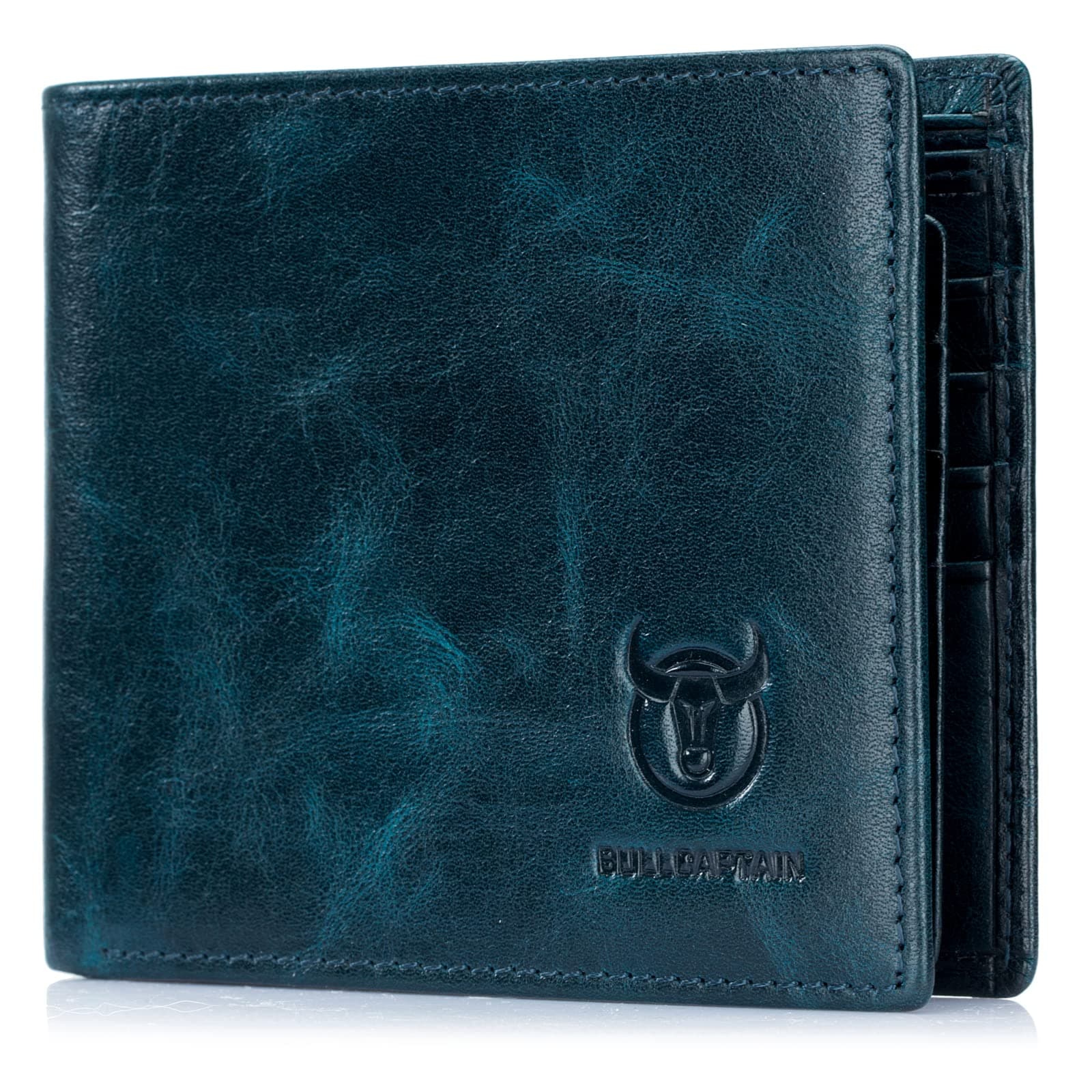 RFID Wallets for Men Slim Bifold Genuine Leather Front Pocket Wallet with 2 ID Windows QB-05 (Peacock Blue)