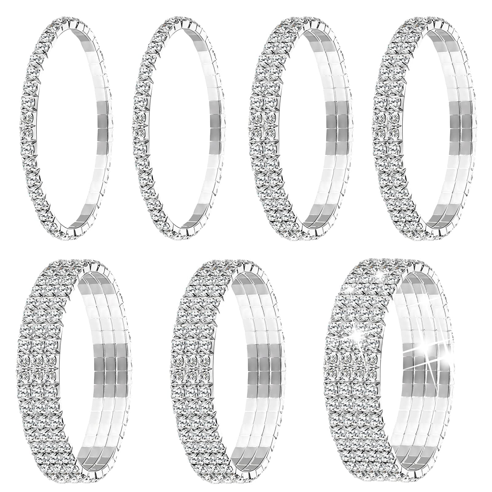 7 Pieces Rhinestone Stretch Bracelet Tennis Bangle Stackable Rhinestone Bracelet Wedding Jewelry for Women Bridal Girls(Silver)