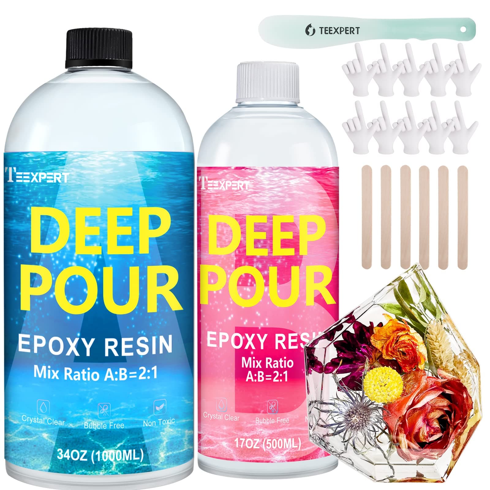 Teexpert Deep Pour Epoxy Resin 1.4L Epoxy Resin Kit for 2-4" Casting Depths, Crystal Clear and High Gloss Bubble-Free Casting Resin for Flower Preservation, River Tables and Mould Crafts - 2:1