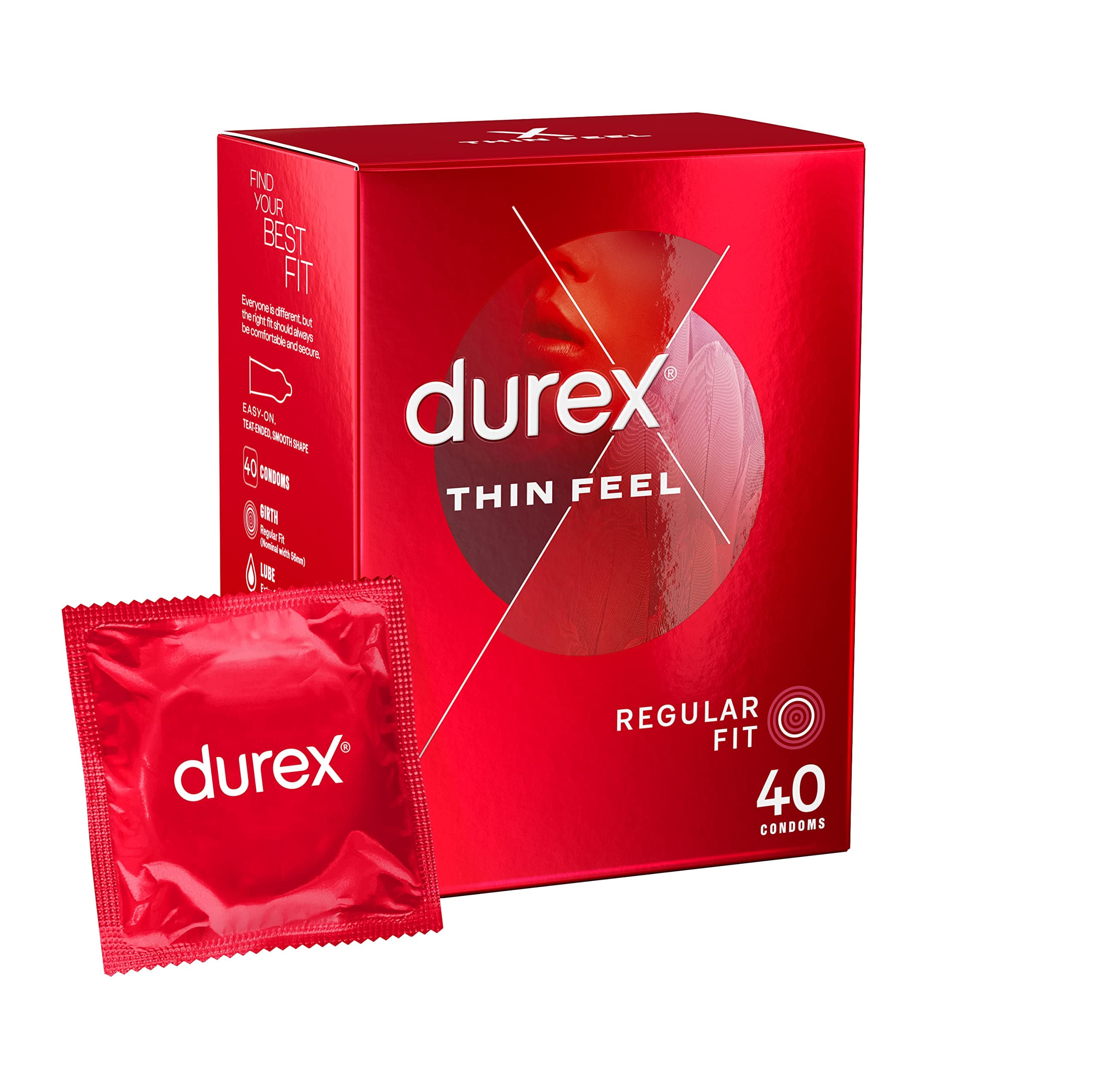 Durex Thin Feel, 40 Condoms, With Silicone Lube, Easy On Shape, Regular Fit, Natural Latex, Thin for More Sensitivity, Same Durex Security and Protection, Teat Ended