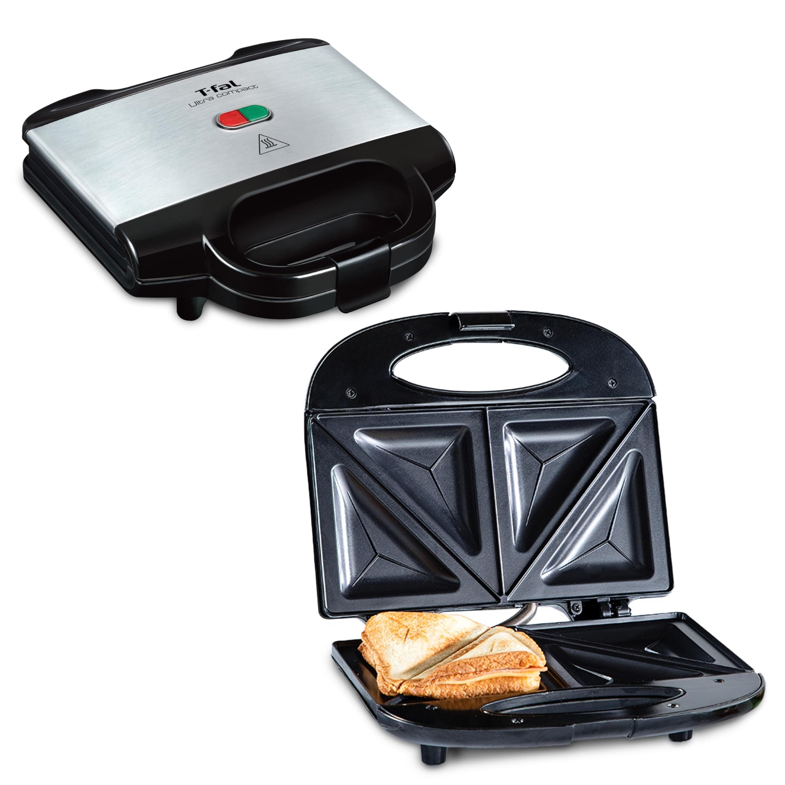 Compact Sandwich Maker, Stainless Steel, Easy to Clean, Indicator Lights, Cool Touch Handle, Grilled Cheese, Panini, 625 Watts, Black
