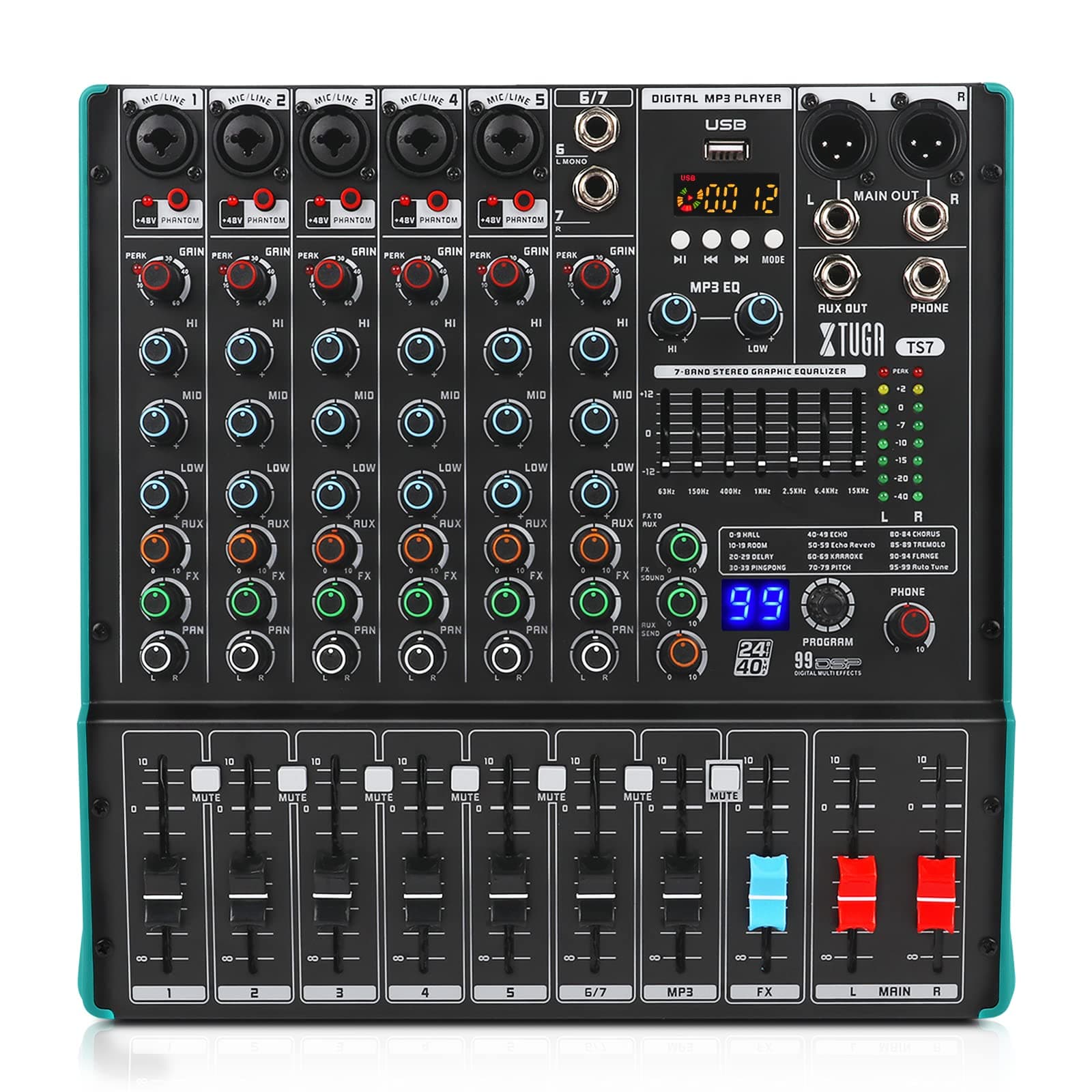 TS7 Audio Mixer with 99 DSP Effect 7 band EQ,Independent 48V Phantom Power Mute Bluetooth Function USB Audio Interface Recording for Studio DJ Stage Party