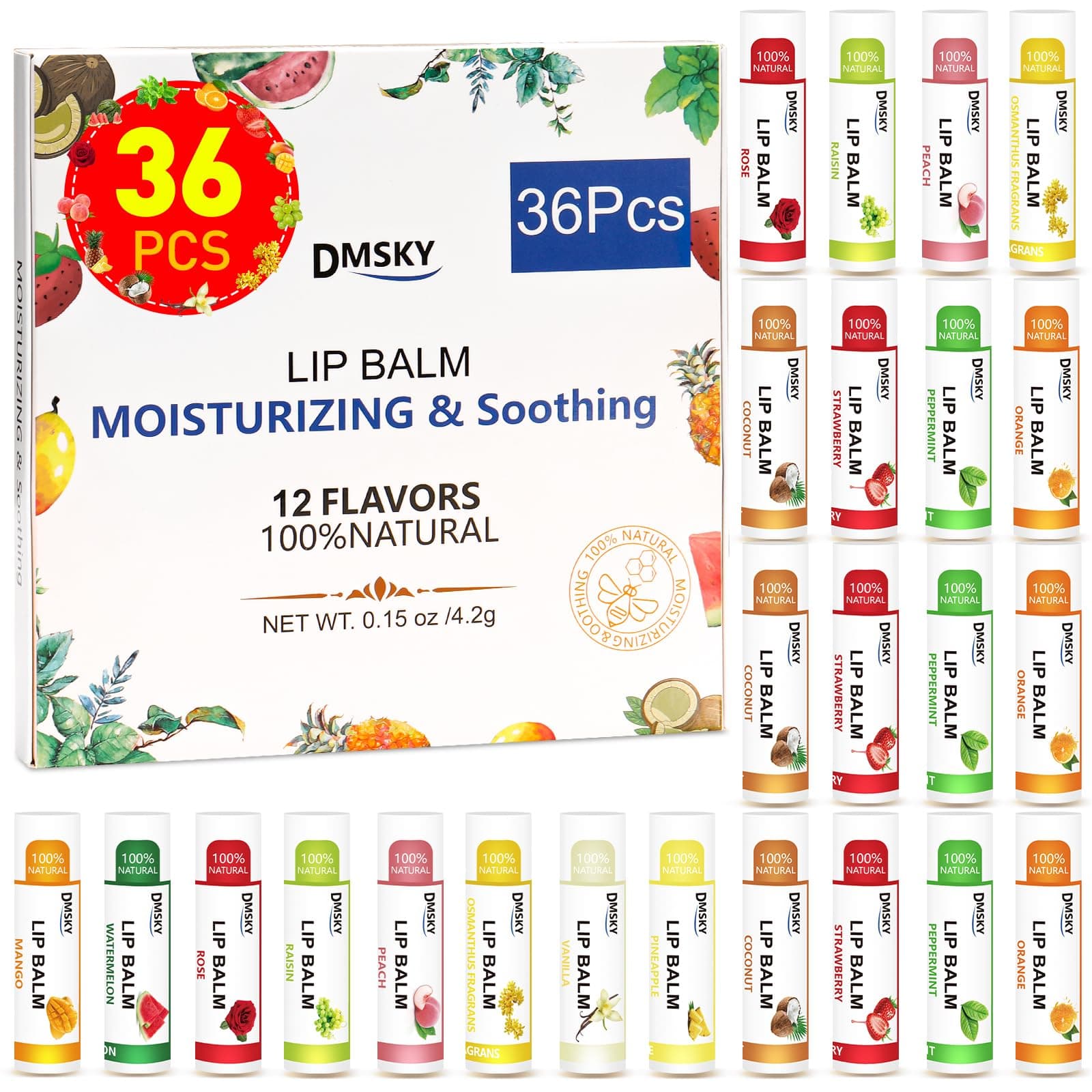 DMSKY Lip Balm 36 Pack, Natural Lip Balm Bulk with Vitamin E and Coconut Oil, Moisturizing Lip Care for Dry Chapped Lips, Party Favors-12 Flavors