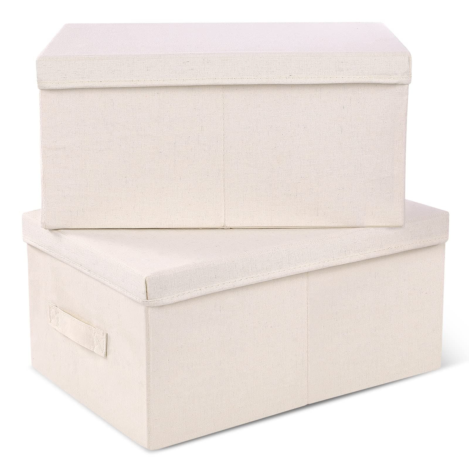 Vailando Storage Bin 2 Pack, Large Storage Bins with Lids, Decorative Storage Boxes Fabric Cotton Linen Collapsible Basket for Bedroom, Office, Closet, Shelves (Beige)