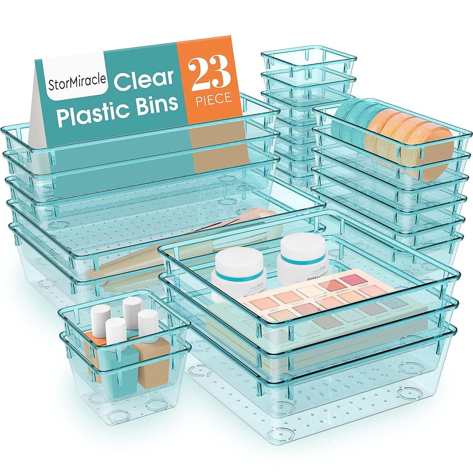 23 PCS Drawer Organizer Set, 5 Varied Size Bathroom and kitchen Drawer cabinet organizer Trays, Clear Storage Bins for Makeup, Jewelry, Utensils and Gadgets