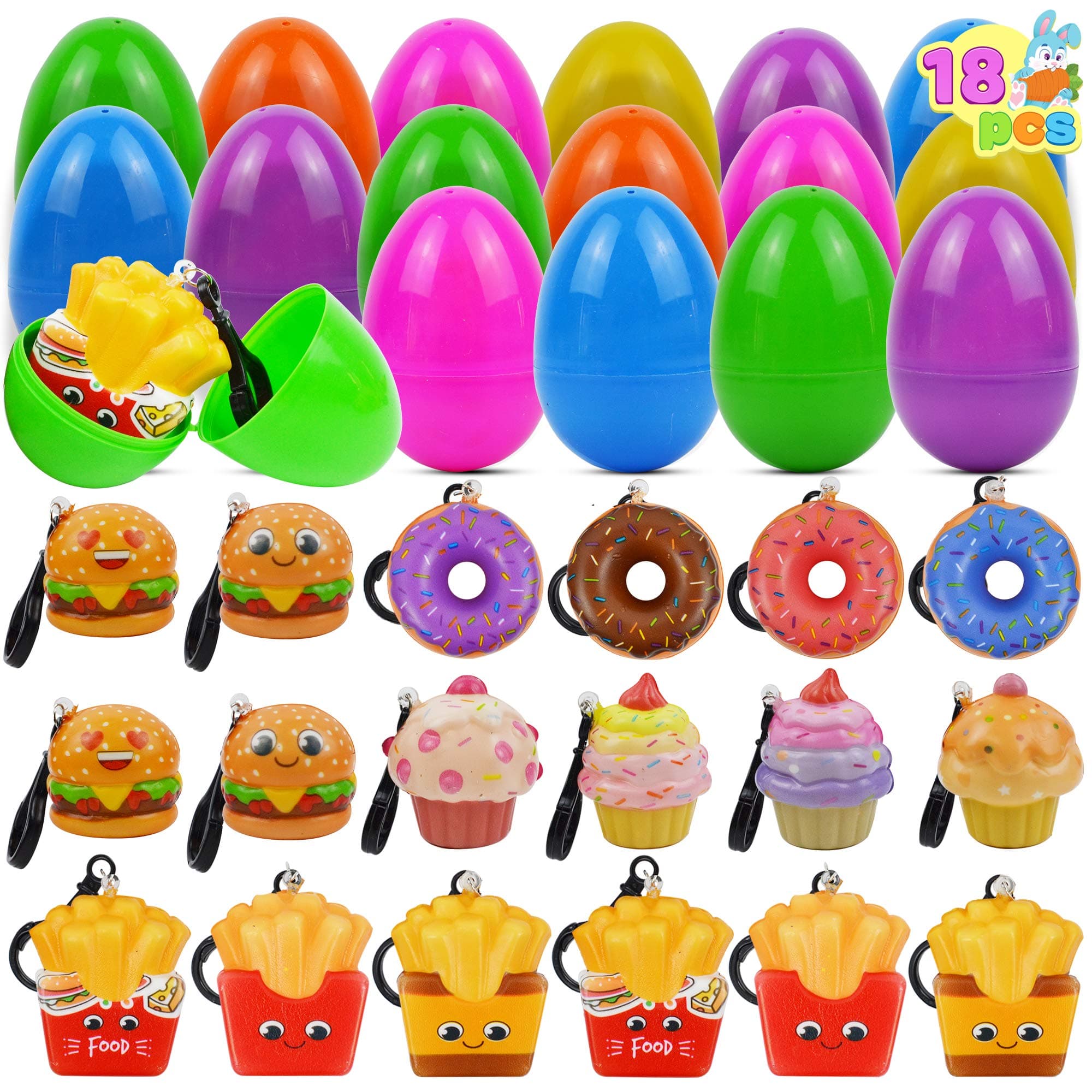 JOYIN 18 Packs Prefilled Easter Eggs with Stress Relief Squishy Toys Fast Food Theme Keychain for Easter Egg Hunt, Kids Party Favor, Basket Stuffers, Goodie Bag Fillers, Classroom Prize Supplies