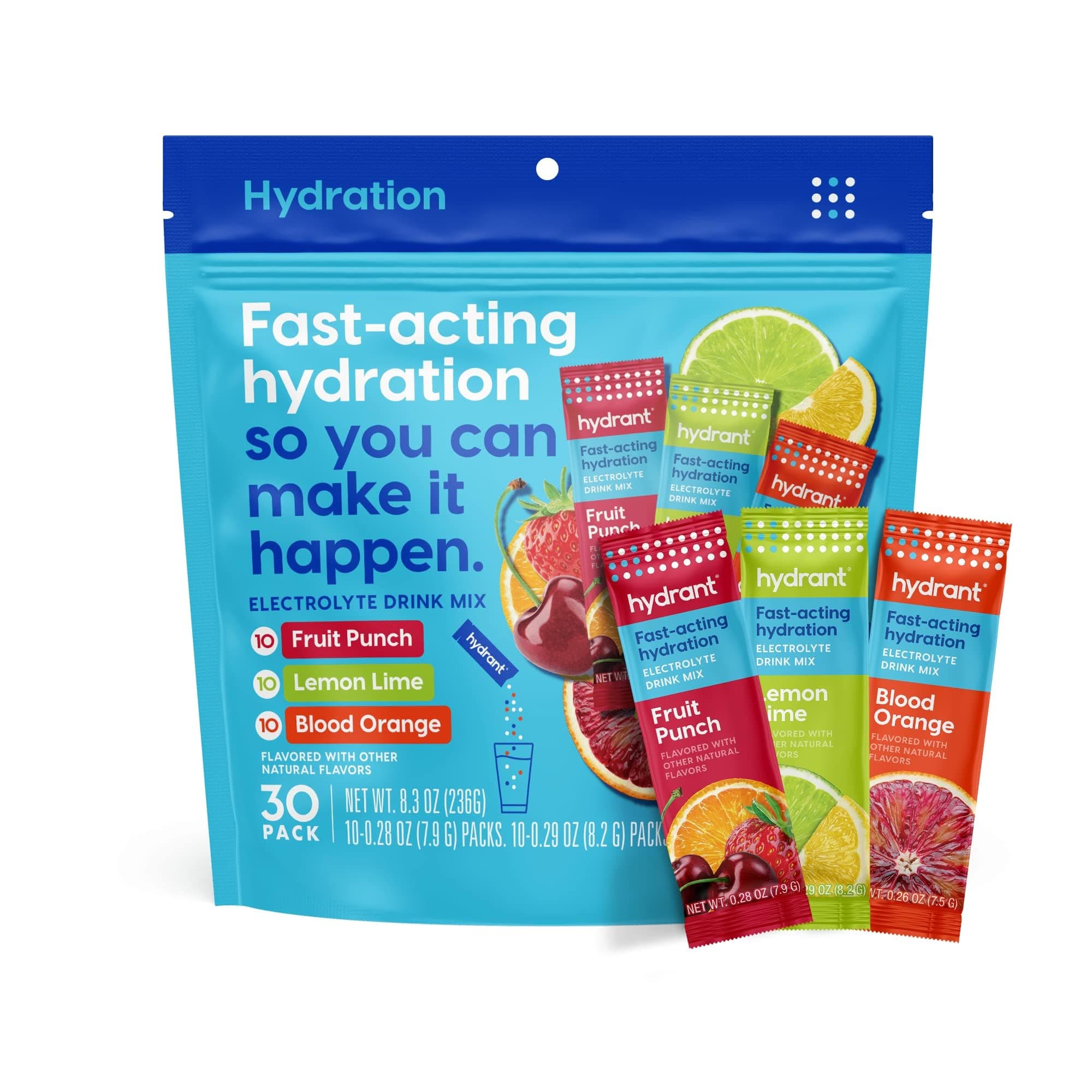 Hydrant - Hydration Powder Variety Pack, 30 Individual Instant Electrolyte Rehydration Packets - Low Sugar Drink Mix for Daily Use, Travel & Workouts