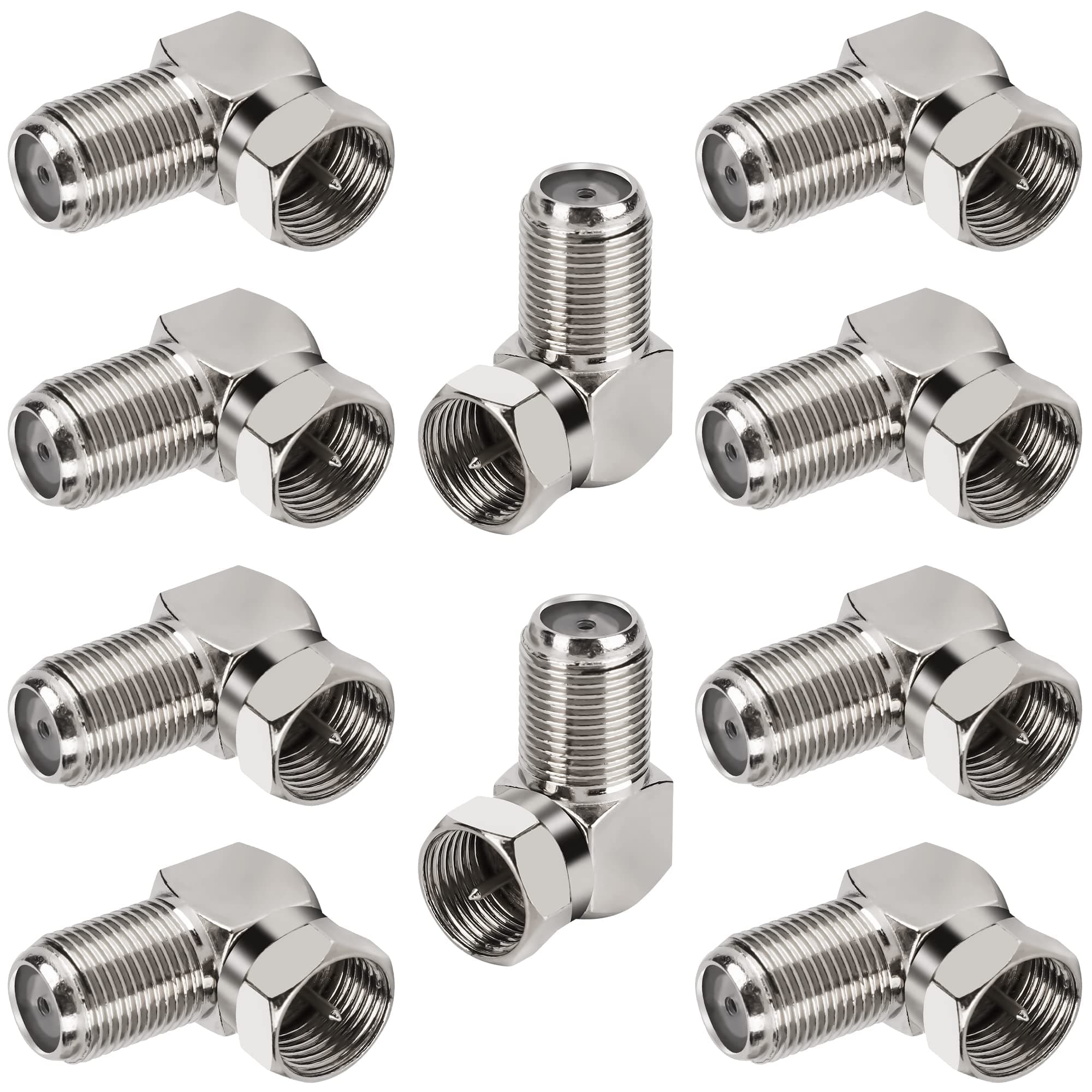 90 Degree Coaxial Connector 10 Pack, Right Angle F-Type RG6 Male to Female Coax Adapter for Coax Cable and Wall Plates