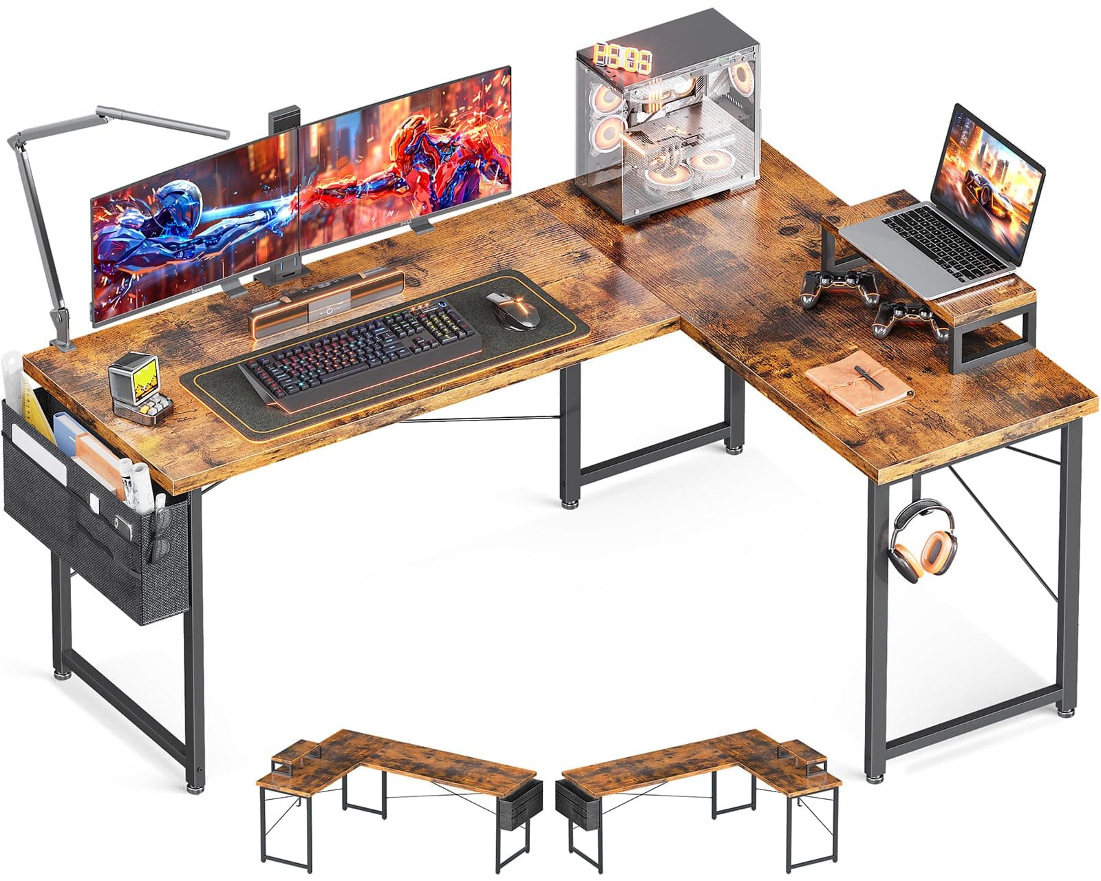 Casaottima L Shaped Computer Desk with Storage Bag, 57.5 Inch Reversible Gaming Desk, Home Office Corner Desk with Monitor Shelf, Space-Saving Writing Workstation Table, Easy to Assemble, Vintage