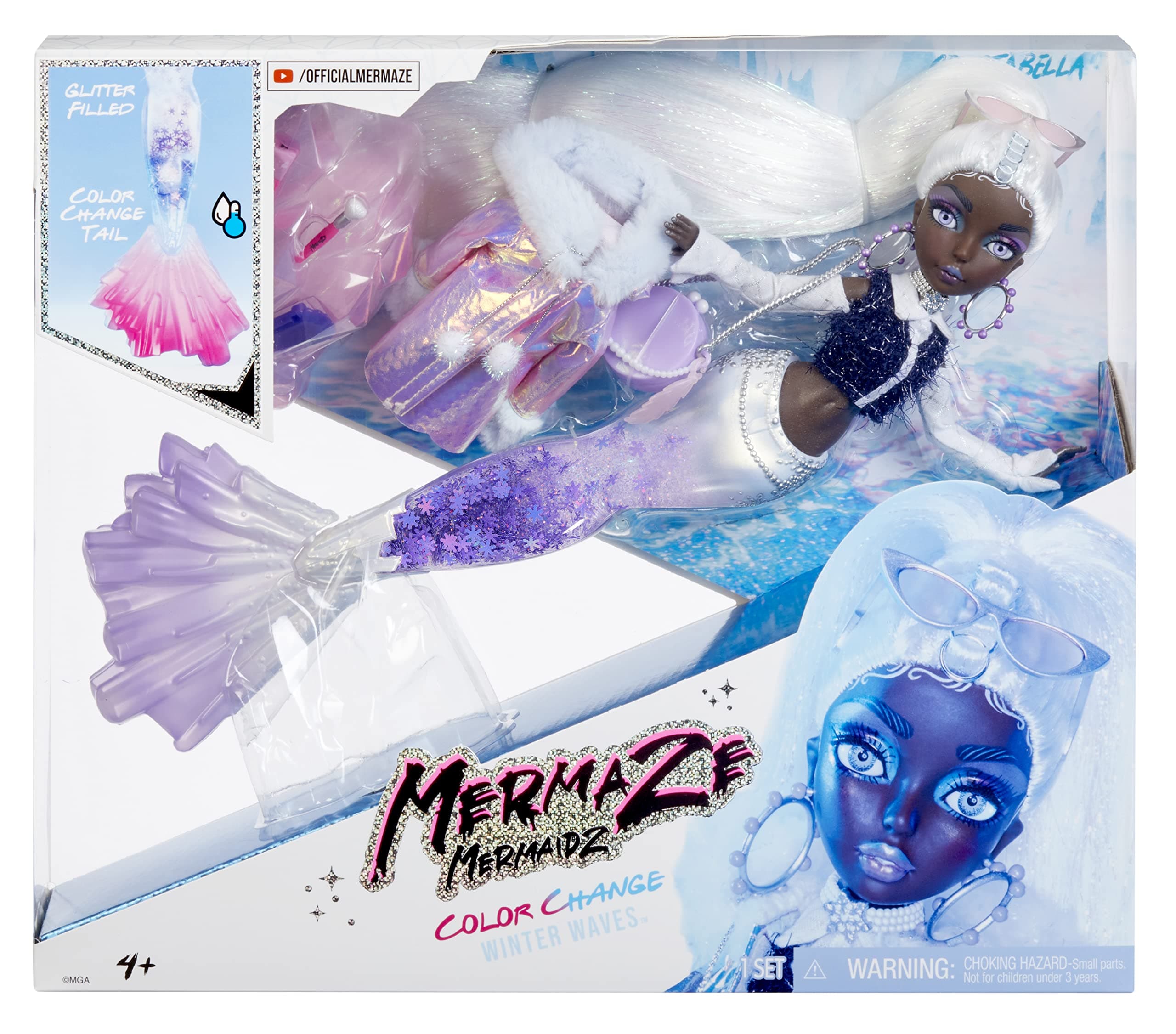 Mermaze Mermaidz Winter Waves - CRYSTABELLA - Includes Mermaid Fashion Doll, Colour Change Fin, Glitter-Filled Tail, and Accessories - For Kids and Collectors Ages 4+, Pink,Purple,White
