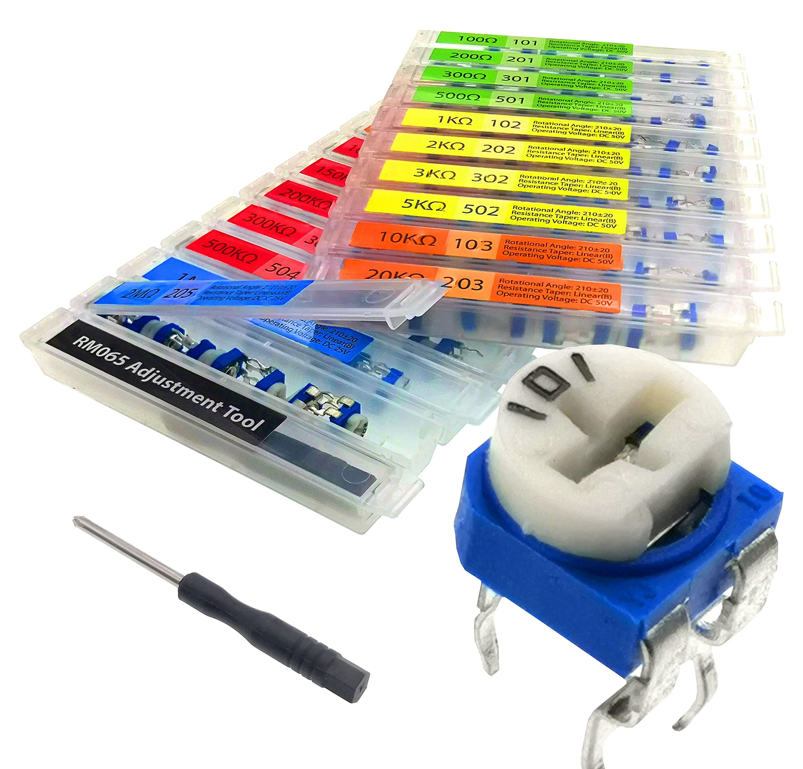 19 Values 152 pcs 100 Ohm- 2M Ohm Variable Resistor 6mm RM065 Potentiometer kit Assortment Kit Individual Compartment with Adjustment Tool