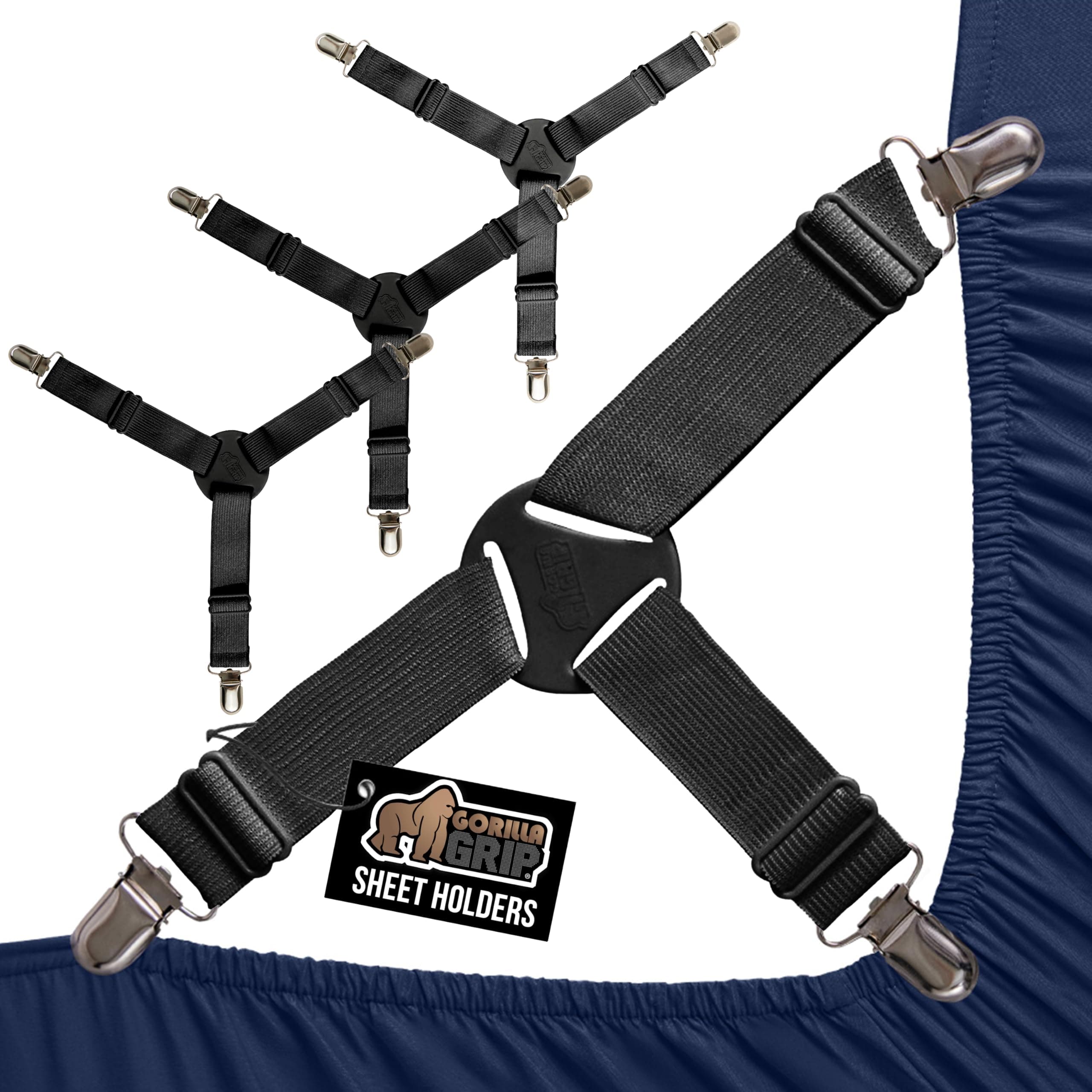 Gorilla Grip Bed Sheet Straps, Adjustable Elastic Fasteners with Metal Clips, Keep in Place Fitted Bedding Holder, Easy Install Suspenders Mattresses, Firm Tight Accessories, 4 Pack Black