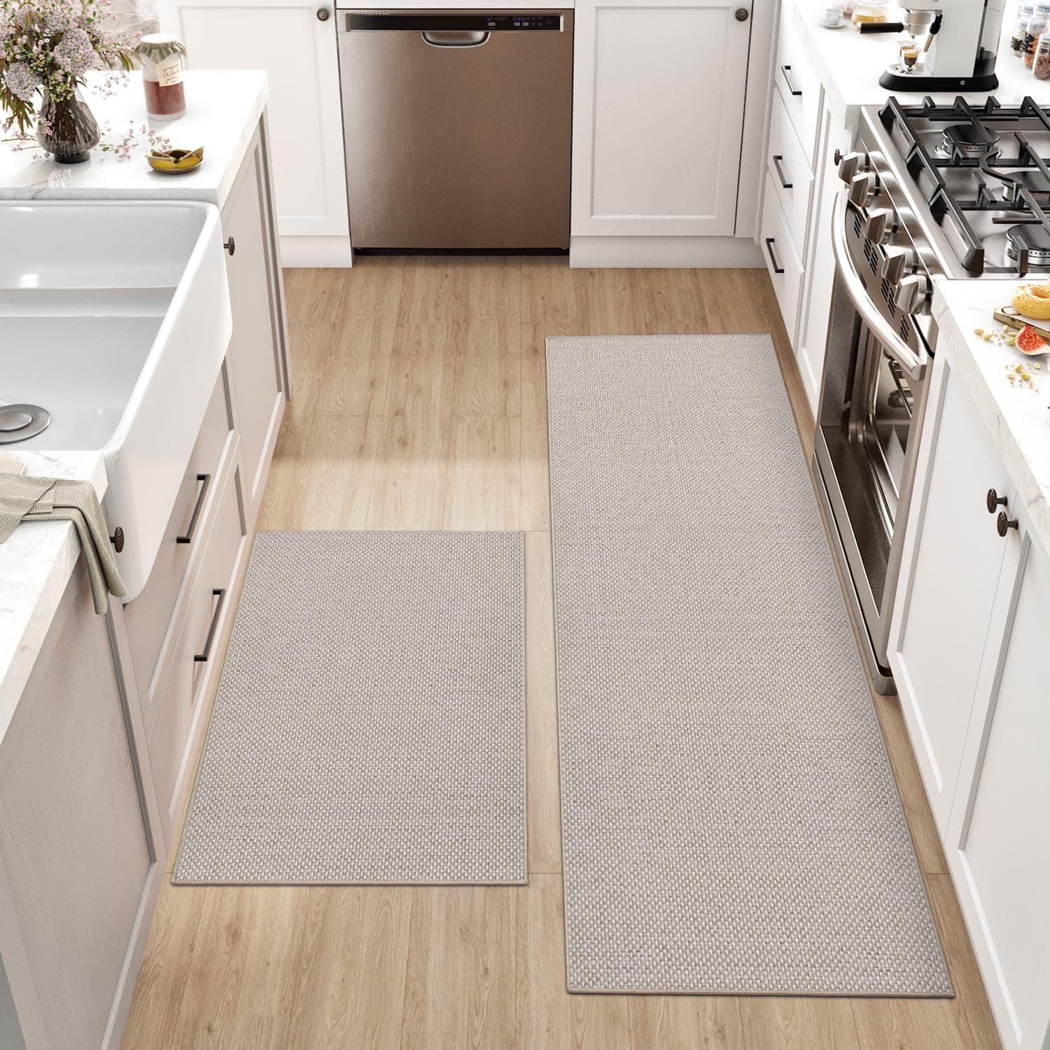 DEXI Kitchen Rug Mat Sets, Rubber Backed Long Floor Mats Non Slip Washable, 2 Pieces Carpet Runner Rugs for Hallway, Dining Room and Entrance, 43x75cm+43x150cm, Beige