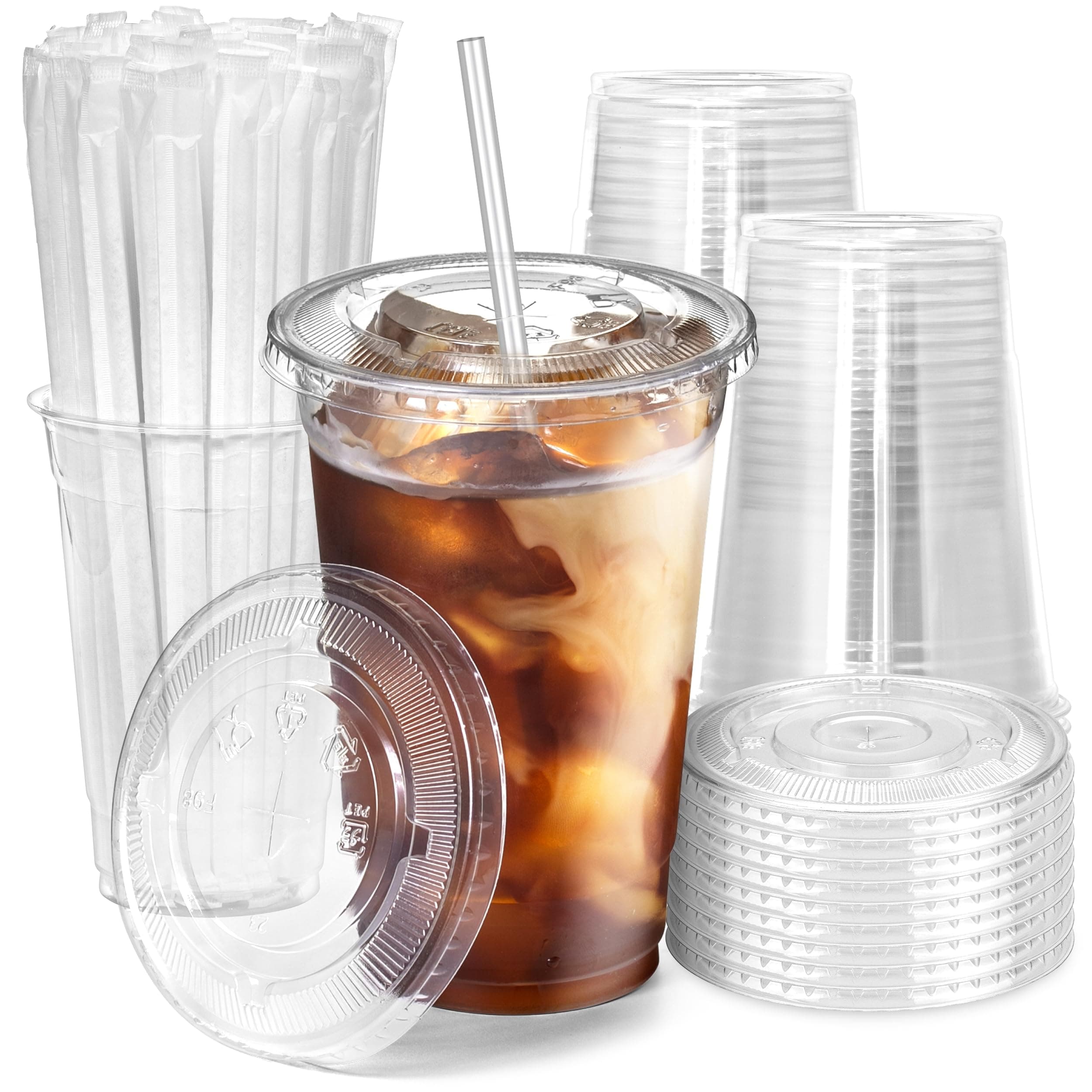 100 Pack 24 oz Plastic Iced Coffee Cups with Flat Lids and Clear Straws, Disposable Clear Cup, BPA Free Cup for Party, Smoothie, Cold Drinks, Juice, Milkshake, Bubble Boba, Tea