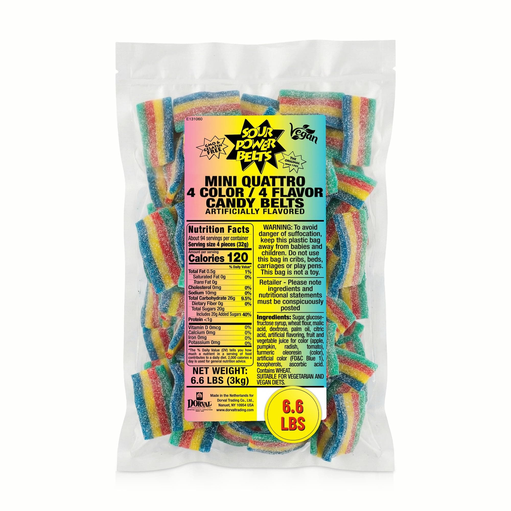 SNAX Quattro Rainbow Candy Mini-Belts, 6.6 lb Bulk Bag (Pack of 3), Vegan Four Flavor Sour Candy Since 1985, Soft Chewy Sweet Tart, Non-GMO Gelatin Free