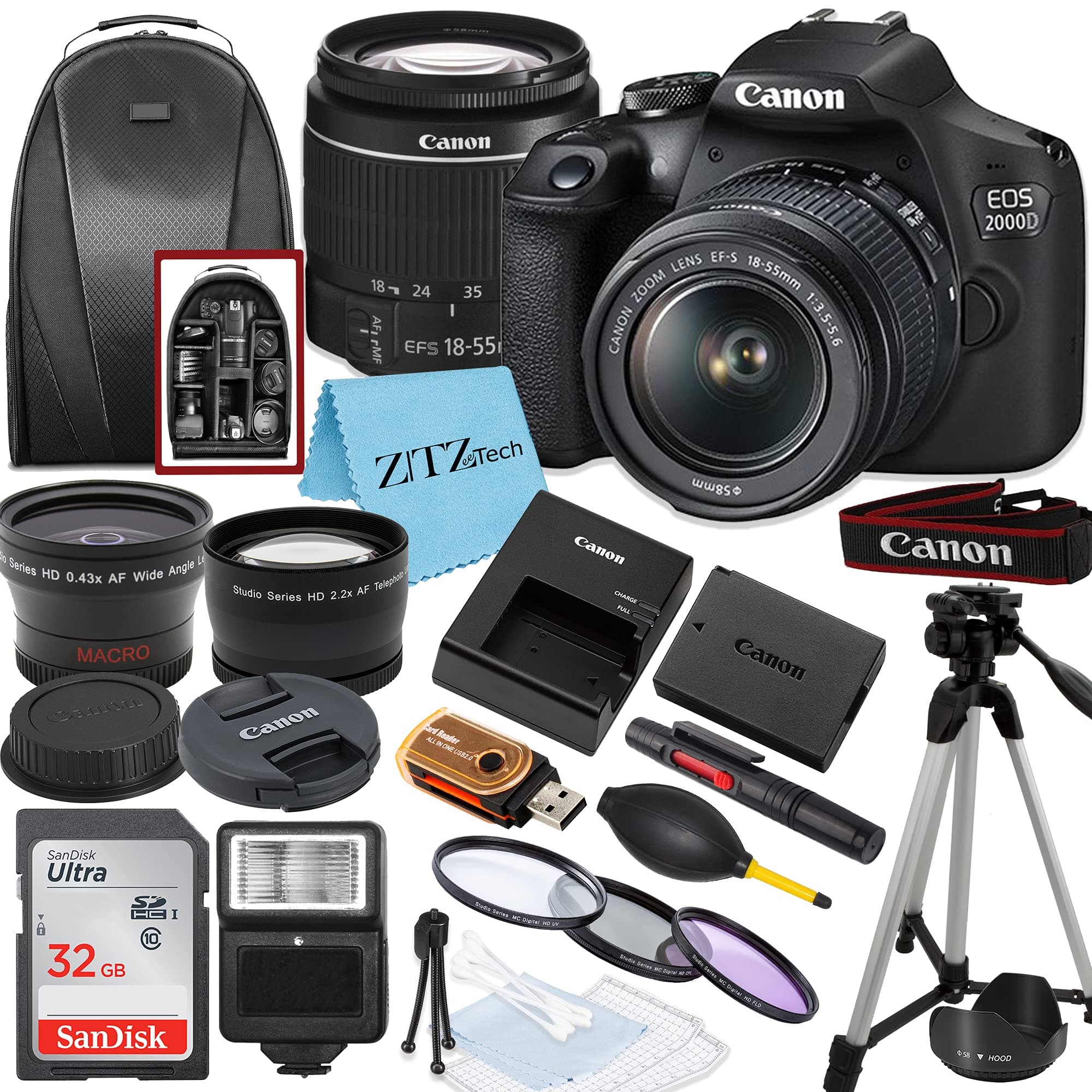 Canon EOS 2000D / Rebel T7 DSLR Camera with EF-S 18-55mm Lens + SanDisk 32GB Card Tripod Case Wideangle Lenses ZeeTech Accessory Bundle (20pc Bundle) (18-55MM, Card) Black (Renewed)