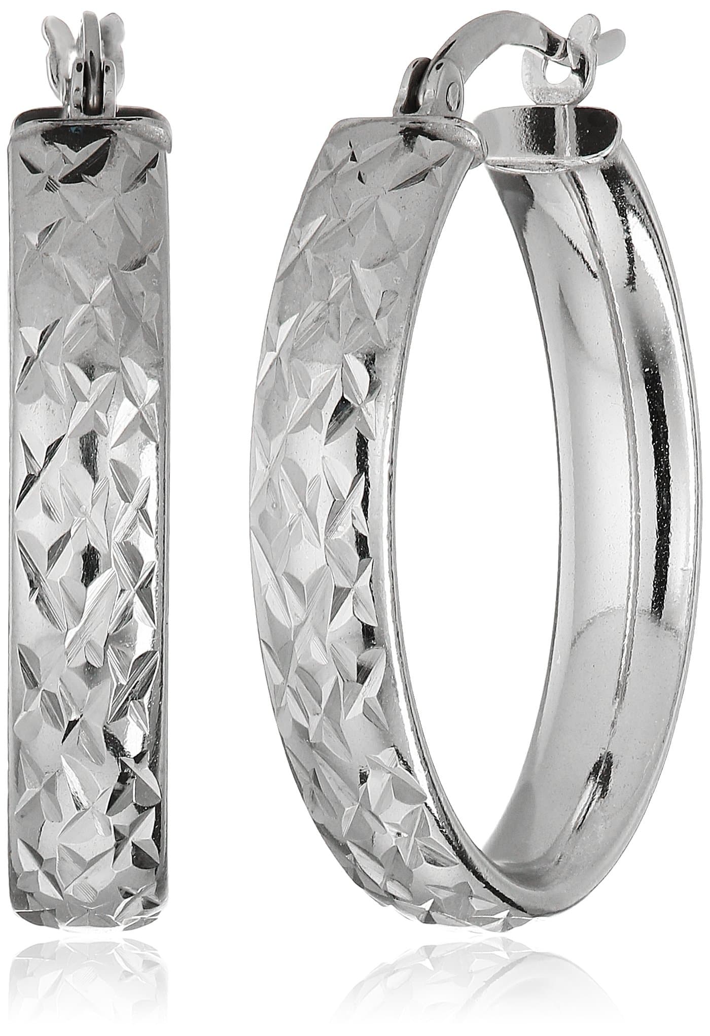 Sterling Silver Diamond Cut Oval Hoop Earrings