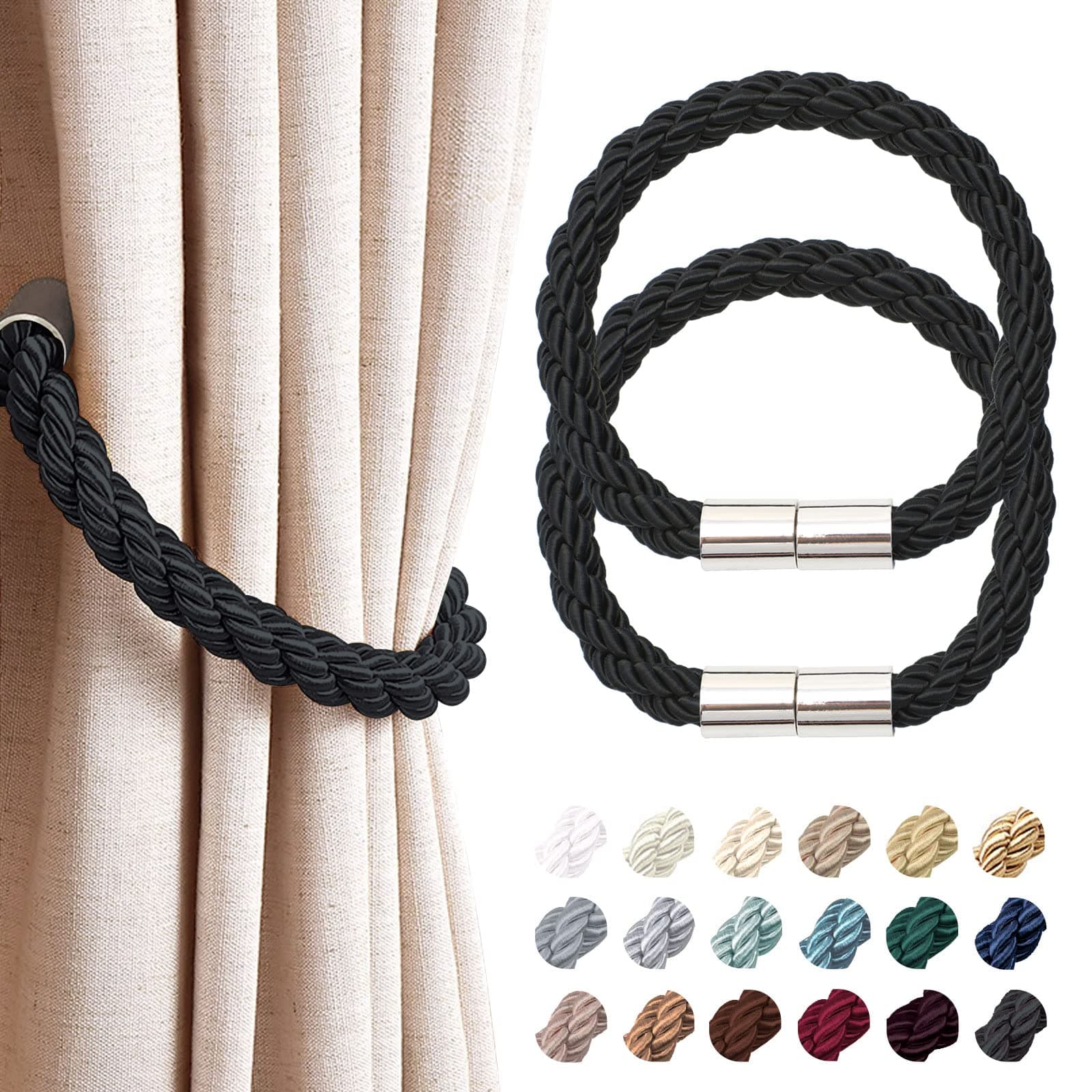 2 Pack Strong Magnetic Curtain Tiebacks Modern Simple Style Drape Tie Backs Convenient Decorative Weave Rope Curtain Holdbacks for Thin or Thick Home & Office Window Draperies (Black)
