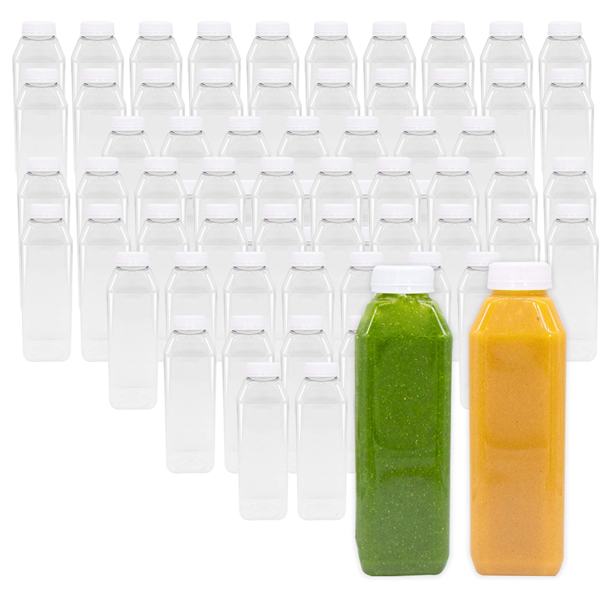 Upper Midland Products 16 OZ Empty PET Plastic Juice Bottles - Pack of 140 Reusable Clear Disposable Milk Bulk Containers with Black Tamper Evident Caps Lids (140-Pack)