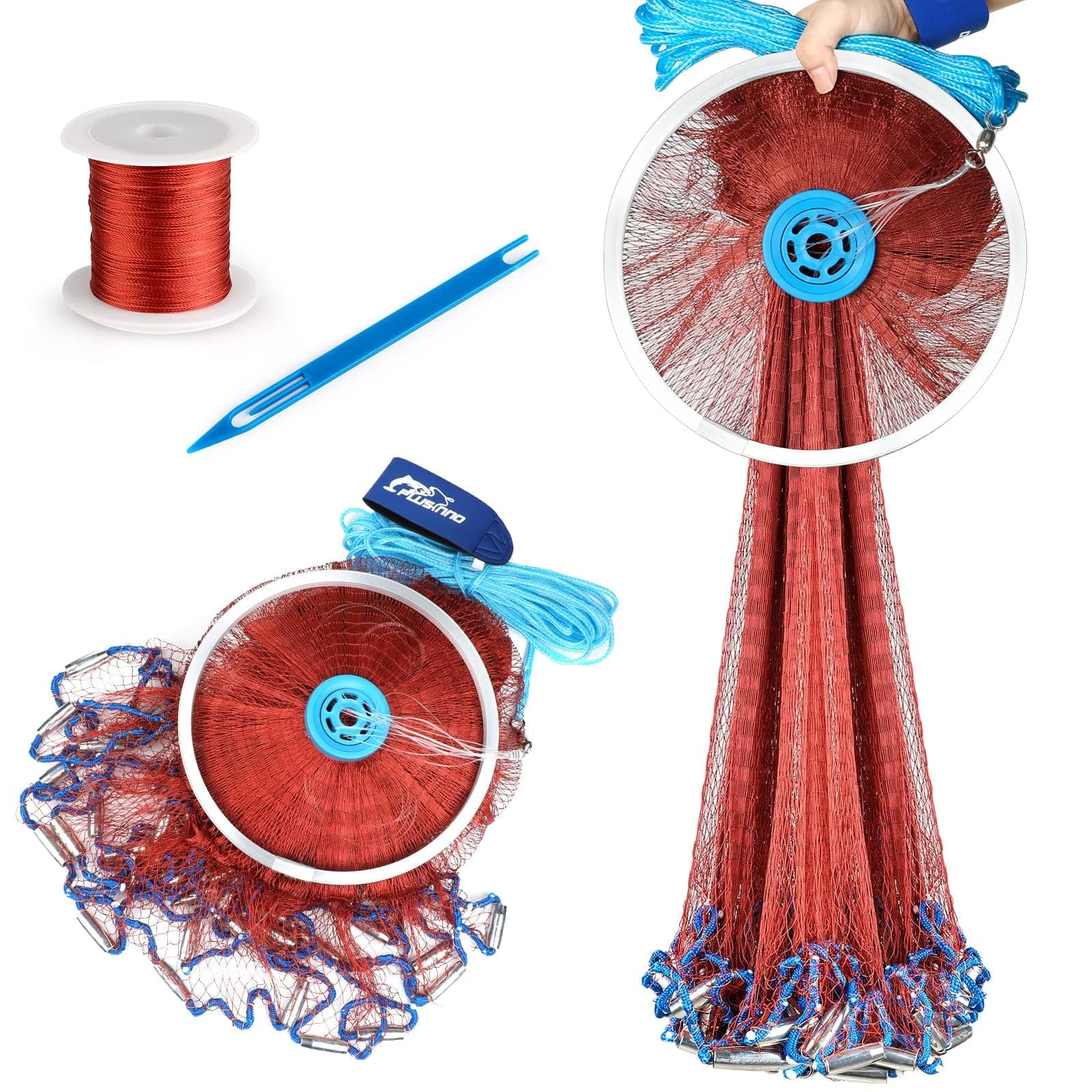 PLUSINNO Cast Net with Aluminum Ring, 3/8 Inch Mesh Size, 4ft/5ft/6ft/7ft/11ft Radius, Fishing Cast Net, Includes Repair Kit