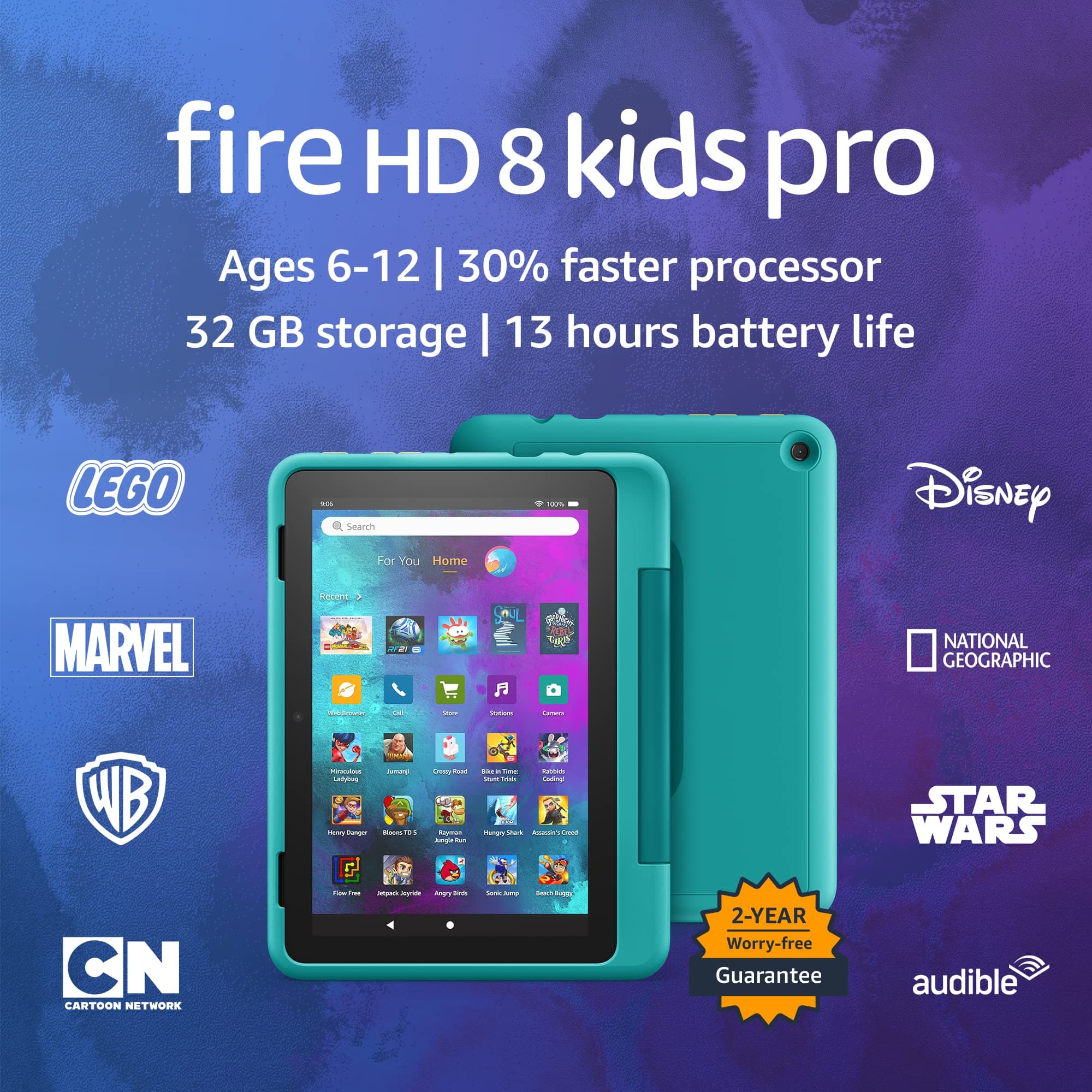 Amazon Fire HD 8 Kids Pro tablet- 2022, ages 6-12 | 8" HD screen, slim case for older kids, ad-free content, parental controls, 13-hr battery, 32 GB, Hello Teal