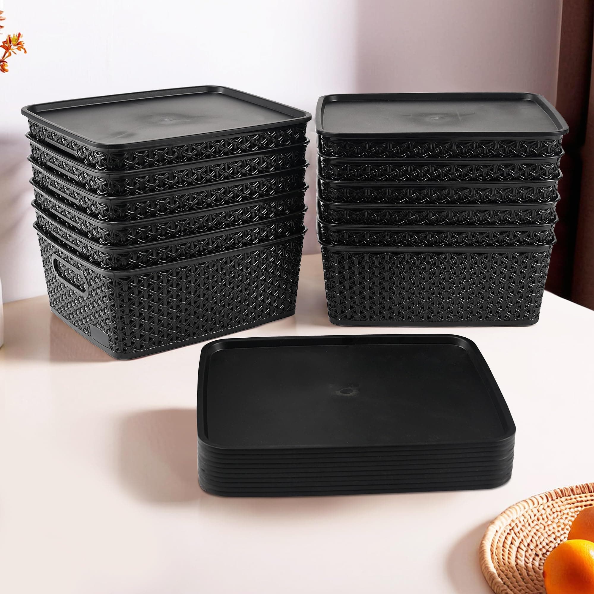 Kuber Industries 12 Pcs Stackable Plastic Storage Box with Lid | H5 Multi-Purpose Basket for Storage - Ideal Home Organizers for Baby Dress, Stationary, Medicine & Pooja Items | Black