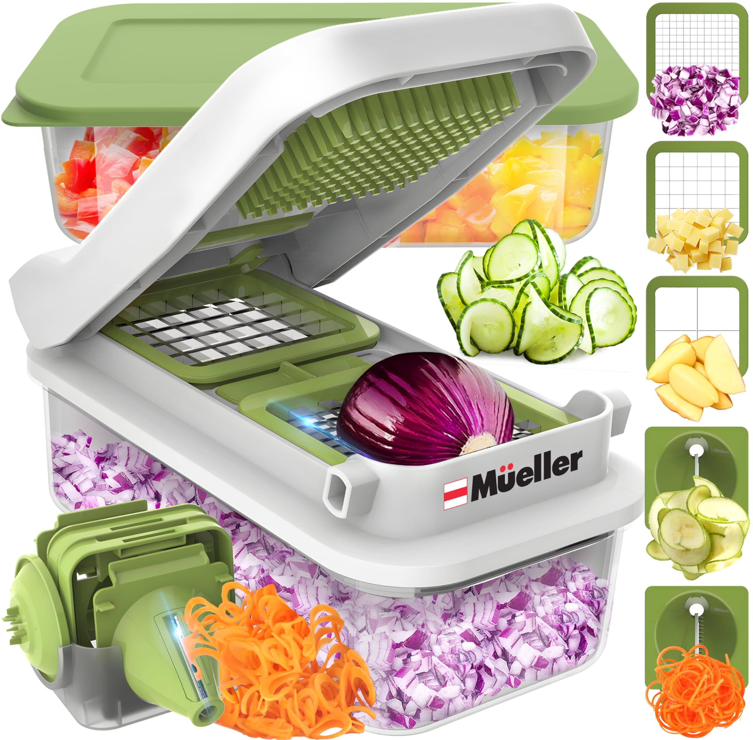 MuellerPro-Series V Blade Veggie Chopper, Egg Slicer, Spiralizer, Dicer, Cutter, Food Chopper, Gifts for Mom, Kitchen Accessories & Kitchen Essentials with Food Container and Lid White Sand/Green