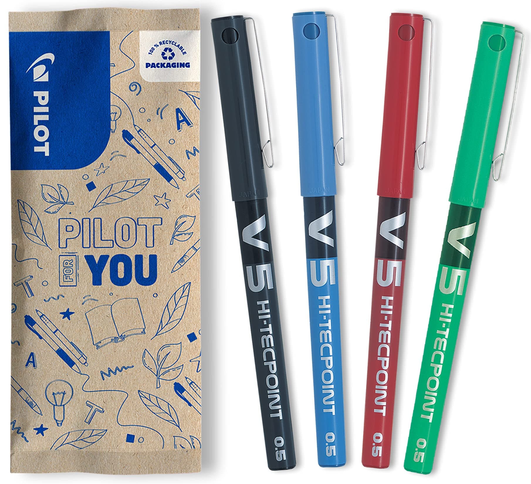 Pilot V5 Liquid Ink Rollerball Pen – Fine 0.5mm Tip, Black, Blue, Red & Green Ink, Set of 4