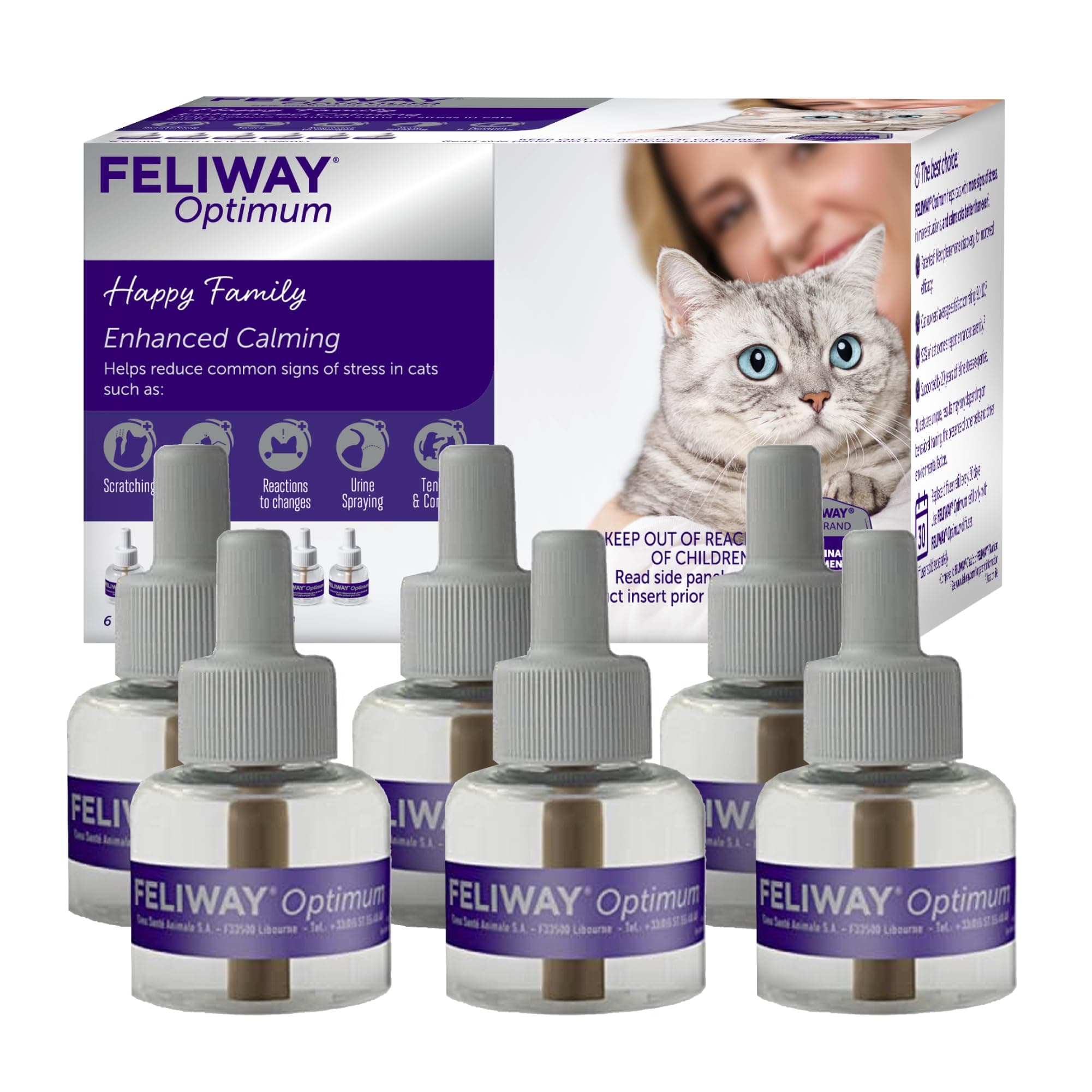 FELIWAY Optimum 6 x 30 Day Cat Calming Refills for Pheromone Diffuser, 6 x 48ml Value Pack - Helps Reduce Common Signs of Stress in Cats & Kittens, Enhanced Calming