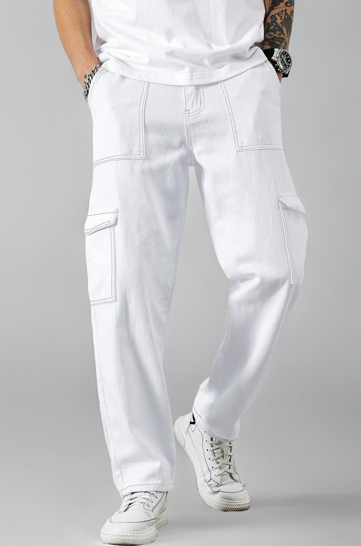 AVANOVA Bell-Bottom Men Cargo Jeans II Men Cargo Pants II Denim Cargo for Men II Cotton Pant II Wide Legs II Flap Pockets II Cargo for Men (Jeans-119)