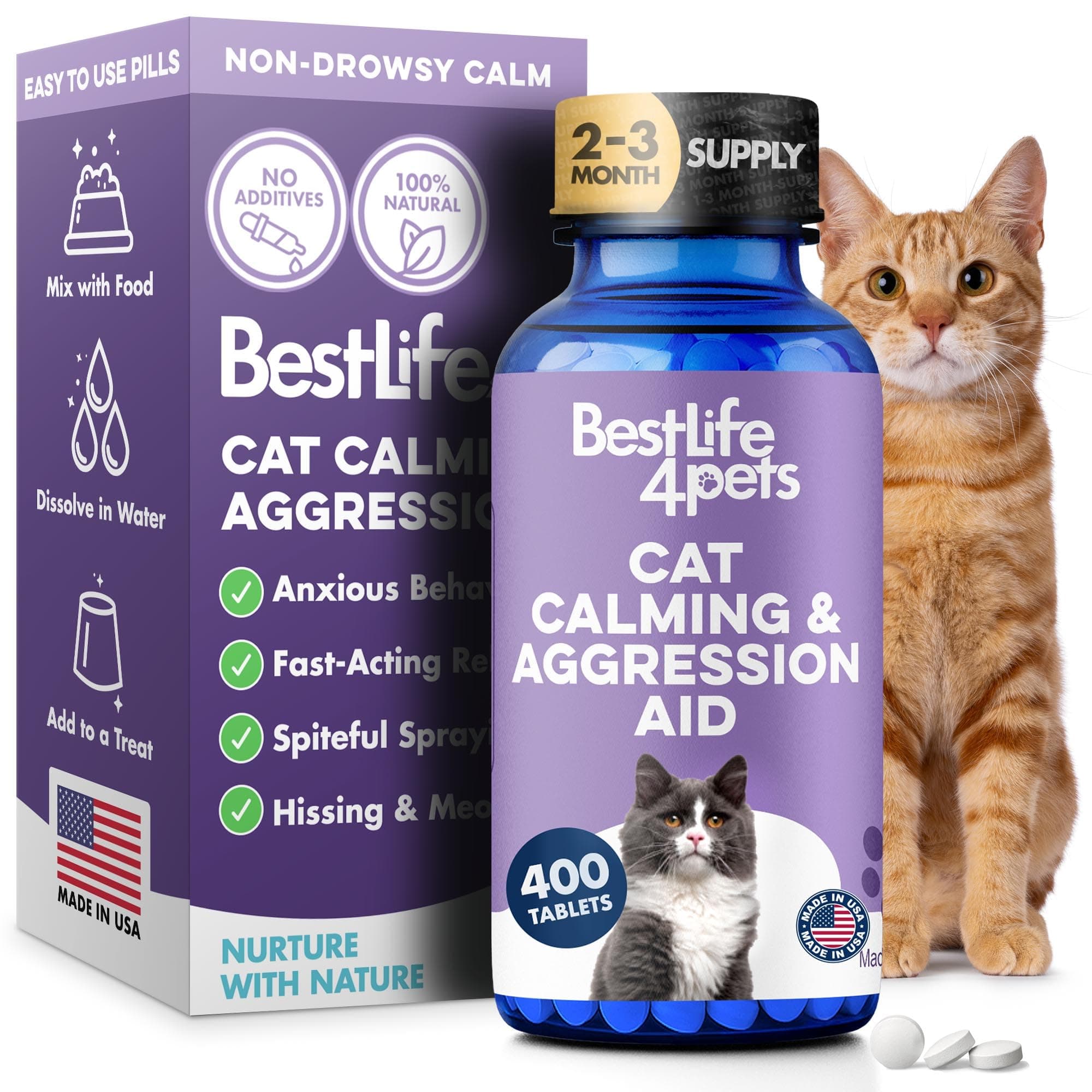 Anti Aggression for Cats Calming Remedy, A Natural Diffuser and Cat Calming Aid for Stress, Spiteful Spraying, Scratching & Territorial Behavior, Non-Drowsy, 400 Odorless, Tasteless Pills