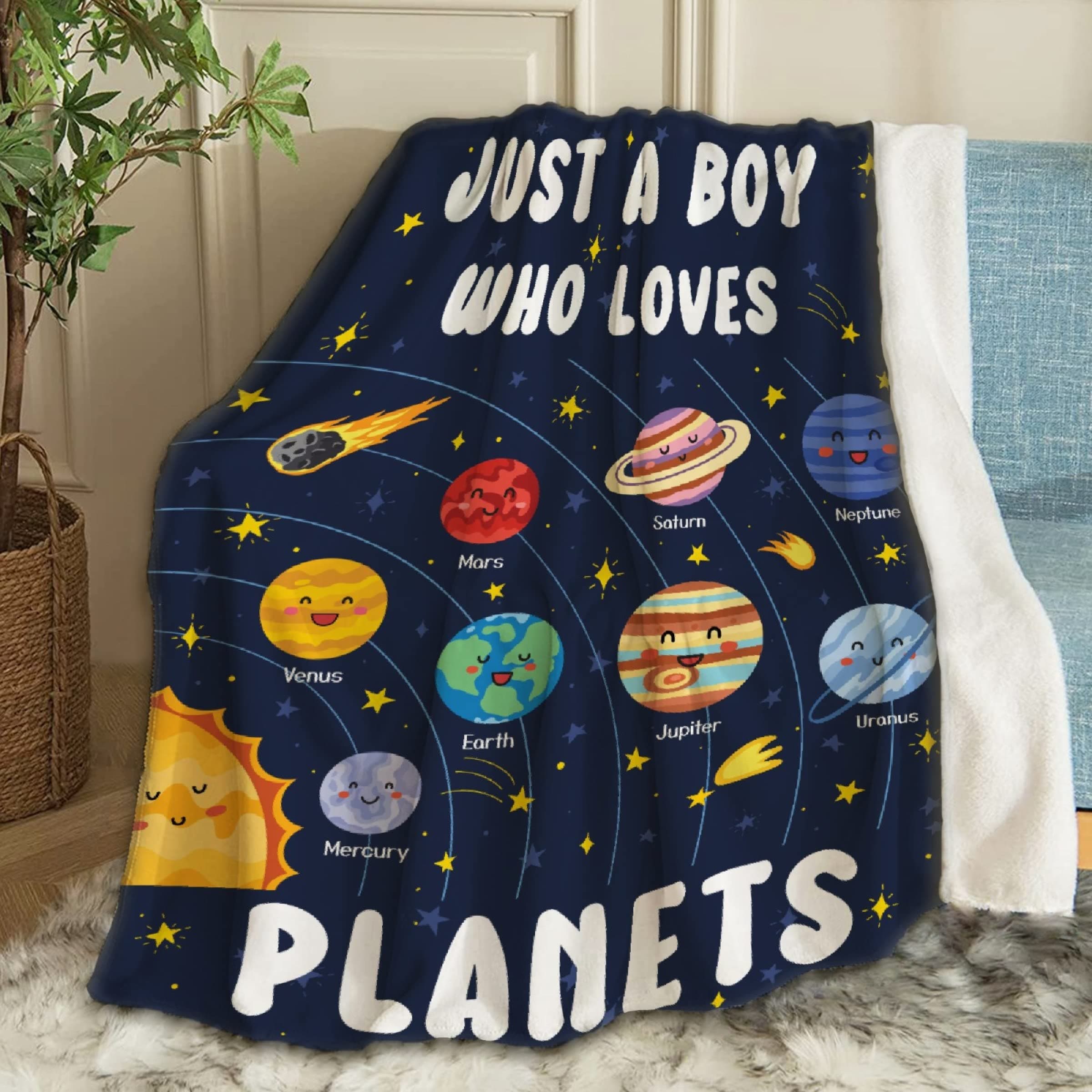 Just A Boy Who Loves Planets Solar System Space Throw Blanket Fannel Fleece Super Soft Funny Blanket Travel Throw Blanket for Bed Couch Sofa 40 x 30 Inch for Baby