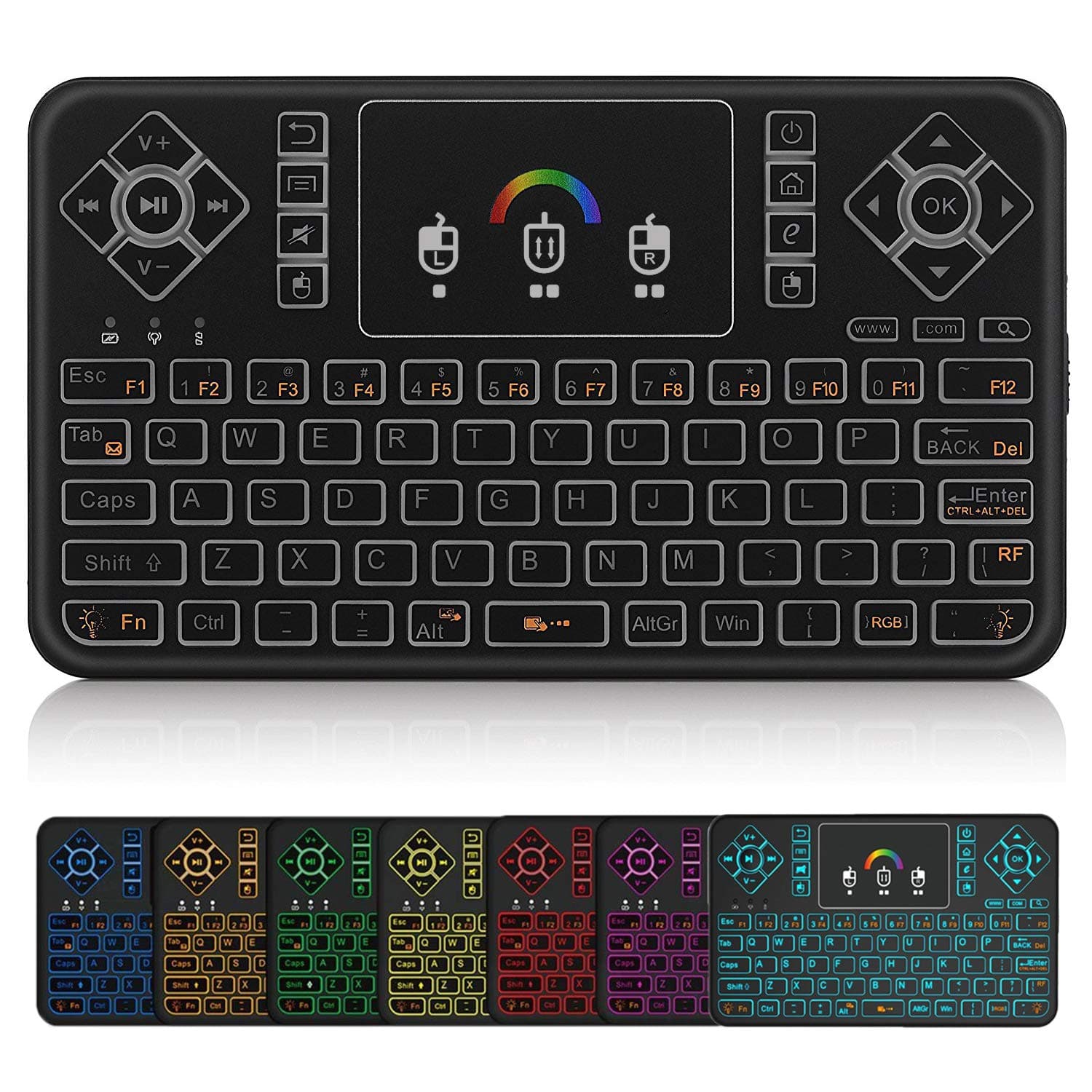 Q9 Mini Wireless Keyboard with Touchpad - Colorful Backlit Small Rechargeable Remote Keyboard for PC, Raspberry Pi 4, Android TV Box, KODI, Windows 7 8 10
