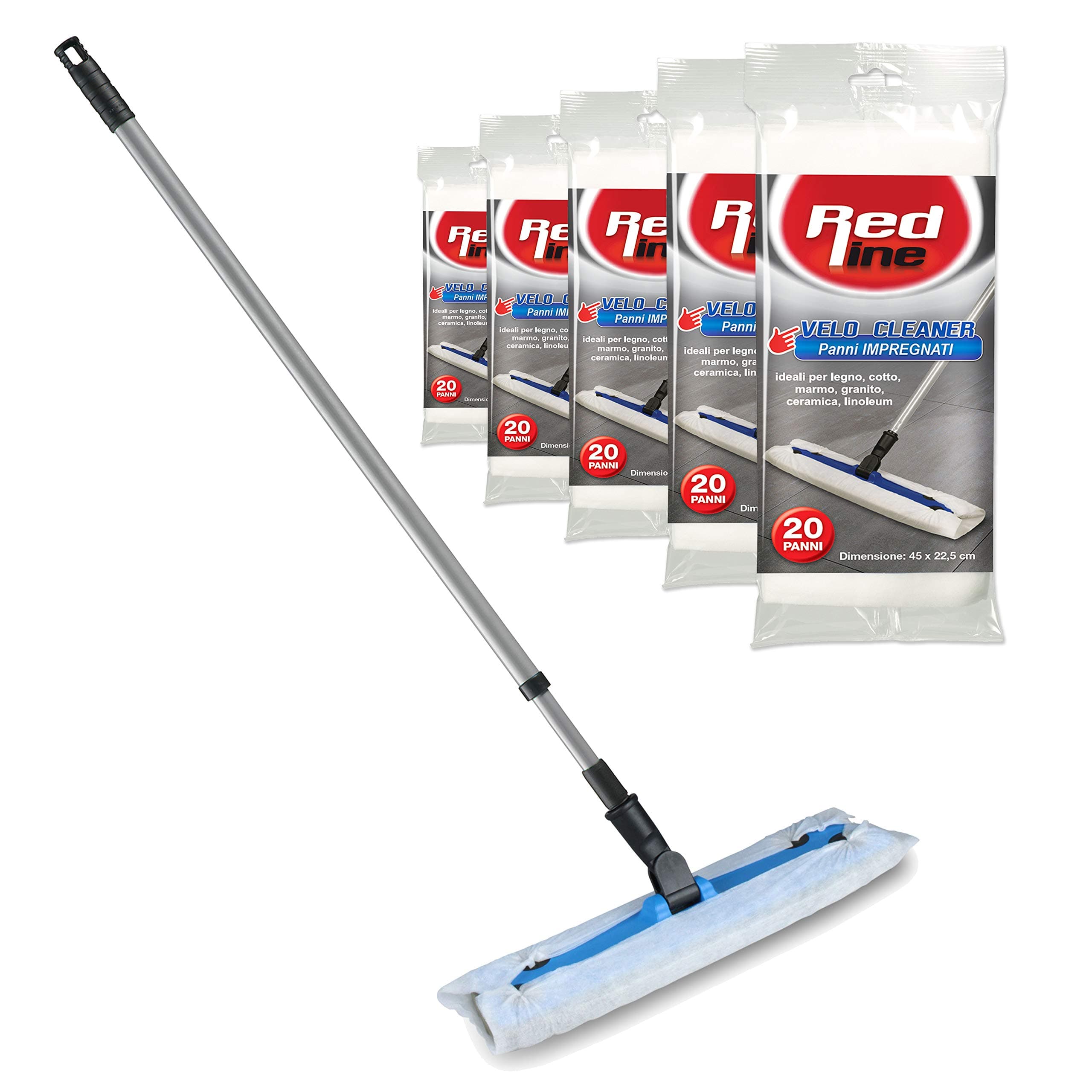 Floor duster. Set for cleaning floors. Base (39.5 cm x 11 cm), extensible handle 130 cm and 100 cloths impregnated electrostatic veil (45 cm x 22 cm) Compatible with Swiffer systems. floor wipes.