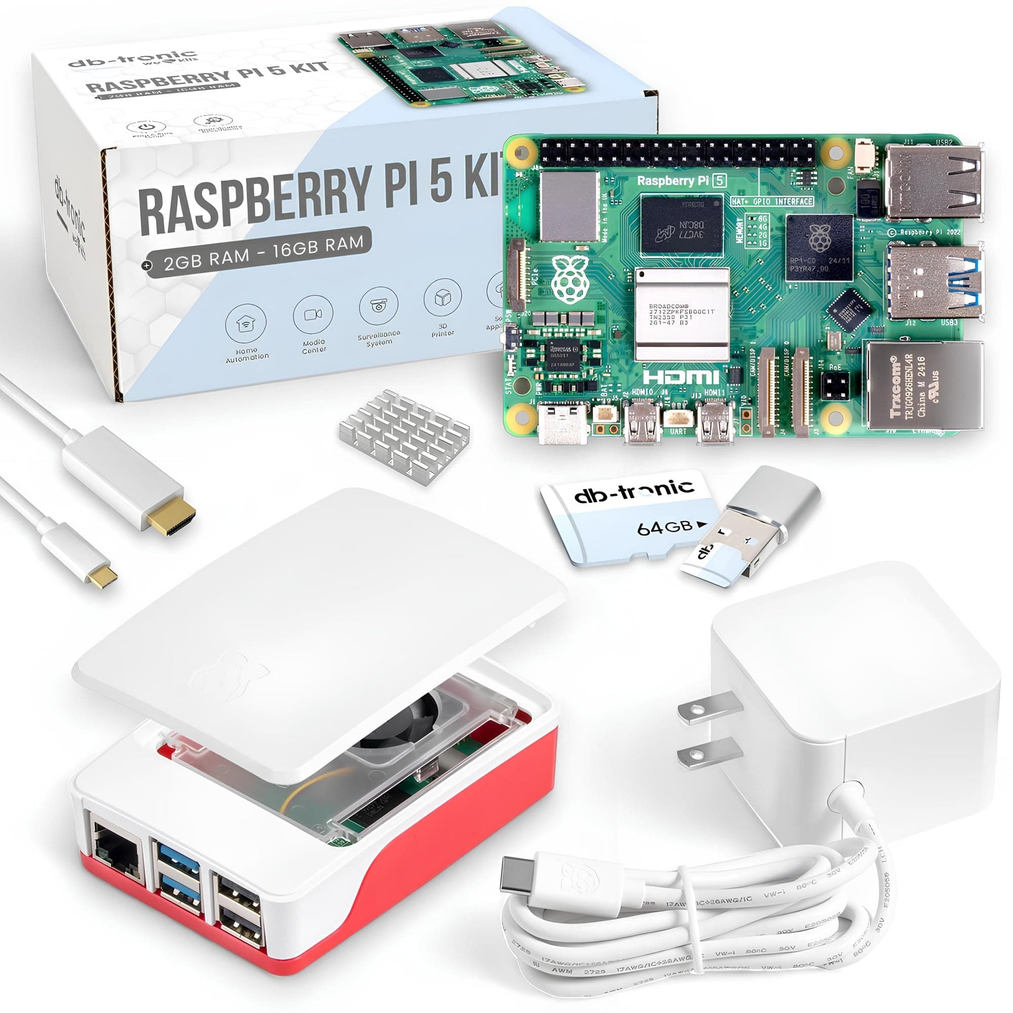 Raspberry Pi 5 8 GB Starter Kit USB-C 27 W Power Supply Case with Fan 64 GB SD Card Micro HDMI Cable 1 m Raspberry Pi 5 8 GB RAM