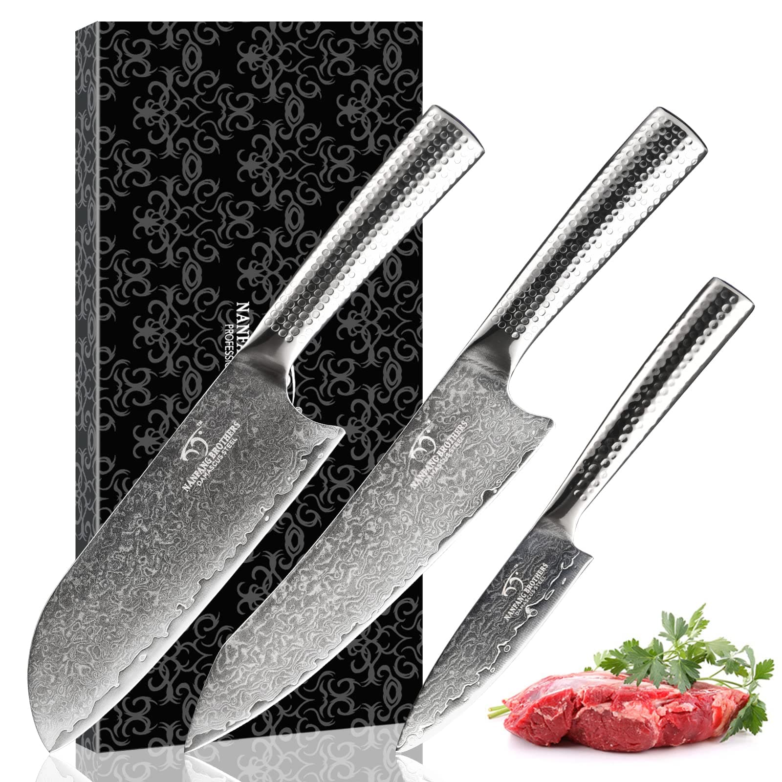 3 Pieces Damascus Kitchen Knife Set with 8” Chef Knife, 7” Santoku Knife, 3.5” Paring Knife, 67 Layer Handmade Damascus VG10 Steel Core, Hammered Ergonomic Handle (Gift Box)