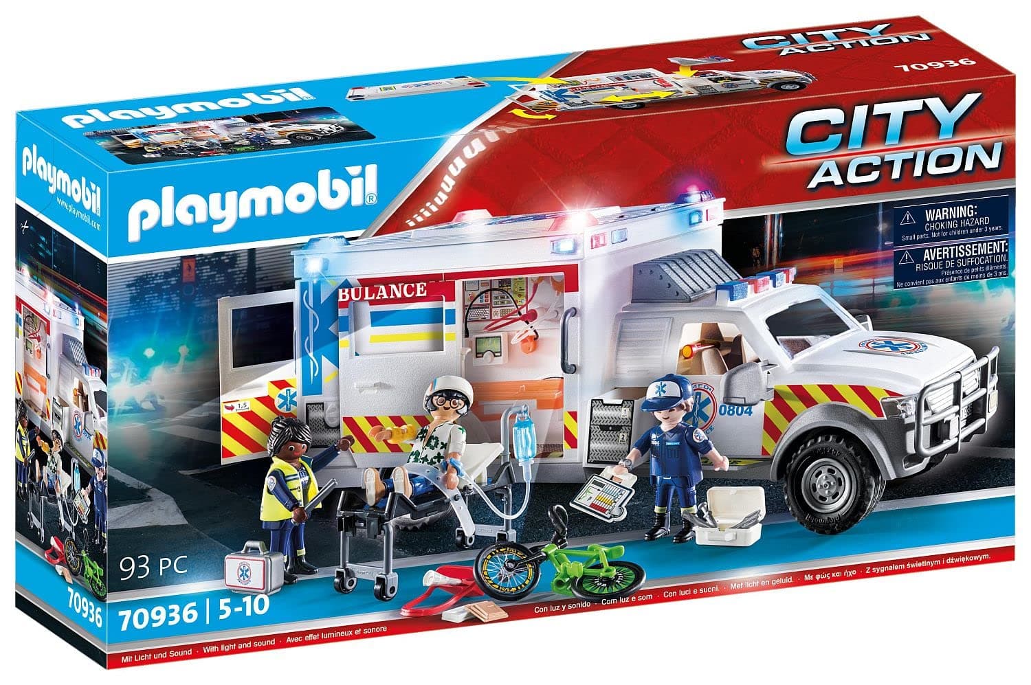 Playmobil City Action 70936 Rescue Vehicle: Ambulance with Lights, With Light and Sound, Ambulance Toy for Children Ages 5+
