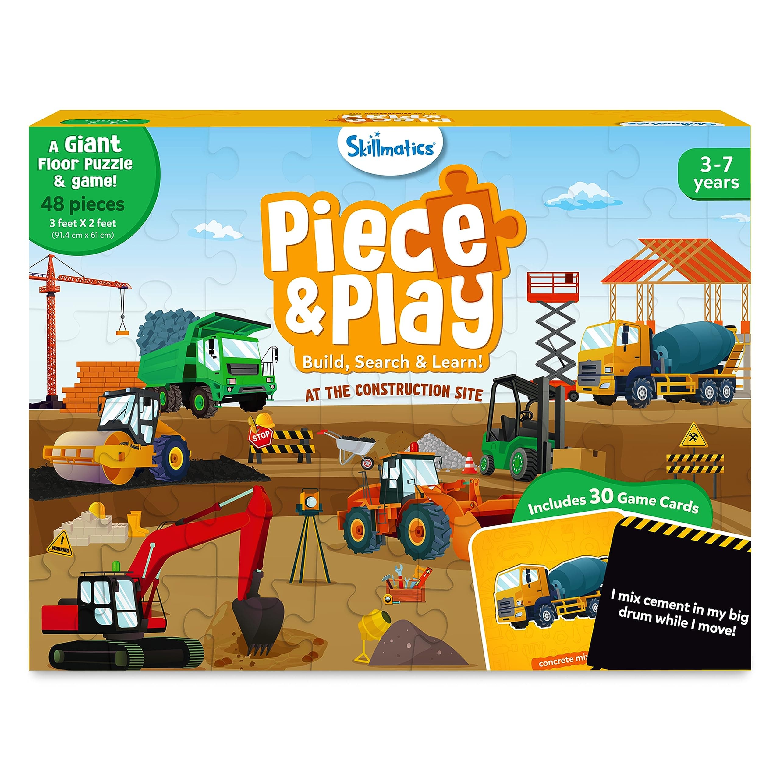 Skillmatics Floor Puzzle & Game - Piece & Play Construction Site, Jigsaw & Toddler Puzzles, Educational Toy, Gifts for Boys & Girls Ages 3, 4, 5, 6, 7 (48 Pieces, 2 x 3 feet)