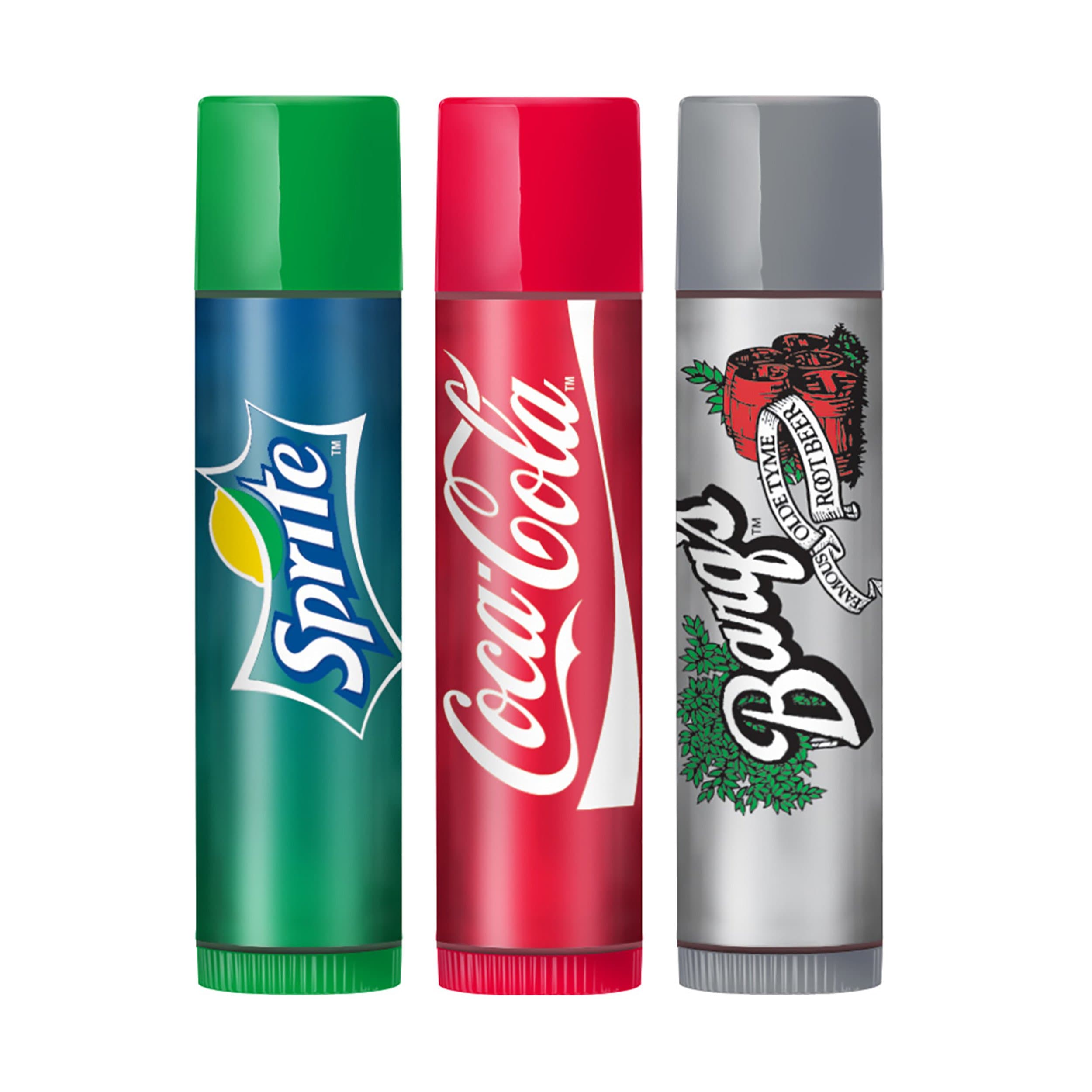 Coca-Cola Flavored Lip Balm Set, Flavors, Sprite, Coke, Barq's Root Beer, For Kids, Men, Women, 3 Count (Pack of 1)