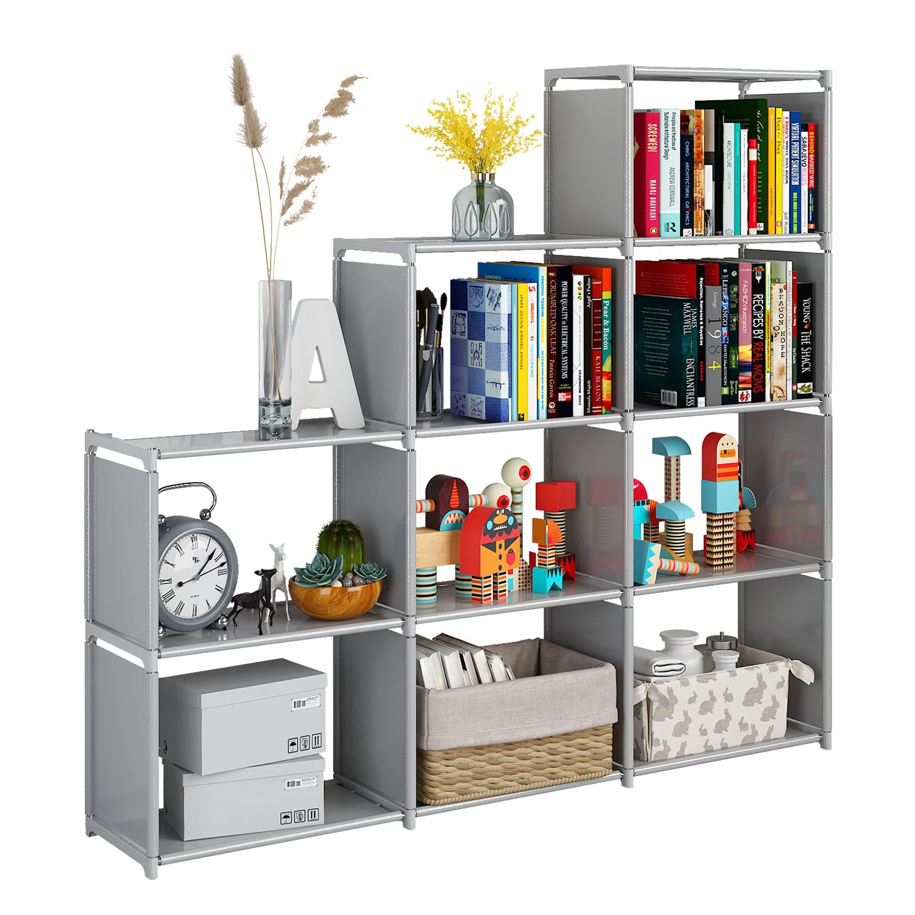 JIUYOTREE 9 Cube Bookcase, Stair Storage Unit, Multi-Use Cube Storage Organiser for Books, Toys, Clothes, Tools, Grey