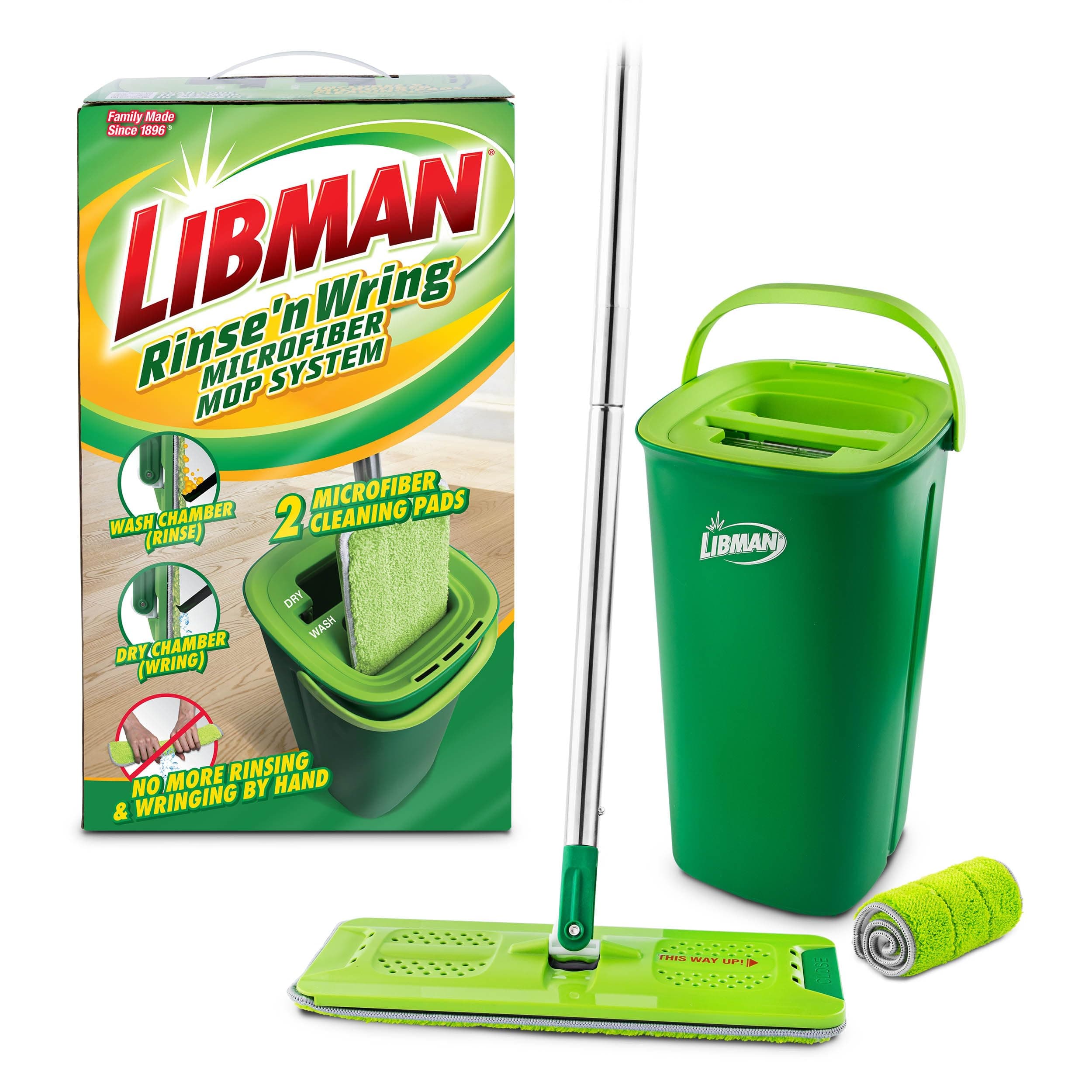 Libman Rinse 'n Wring Mop and Bucket System | Microfiber Floor Mop | Hardwood Floor Cleaner | Wet & Dry Mop | Clean & Dirty Water Chambers | Power Blades | 2 Total Microfiber Pads,Green