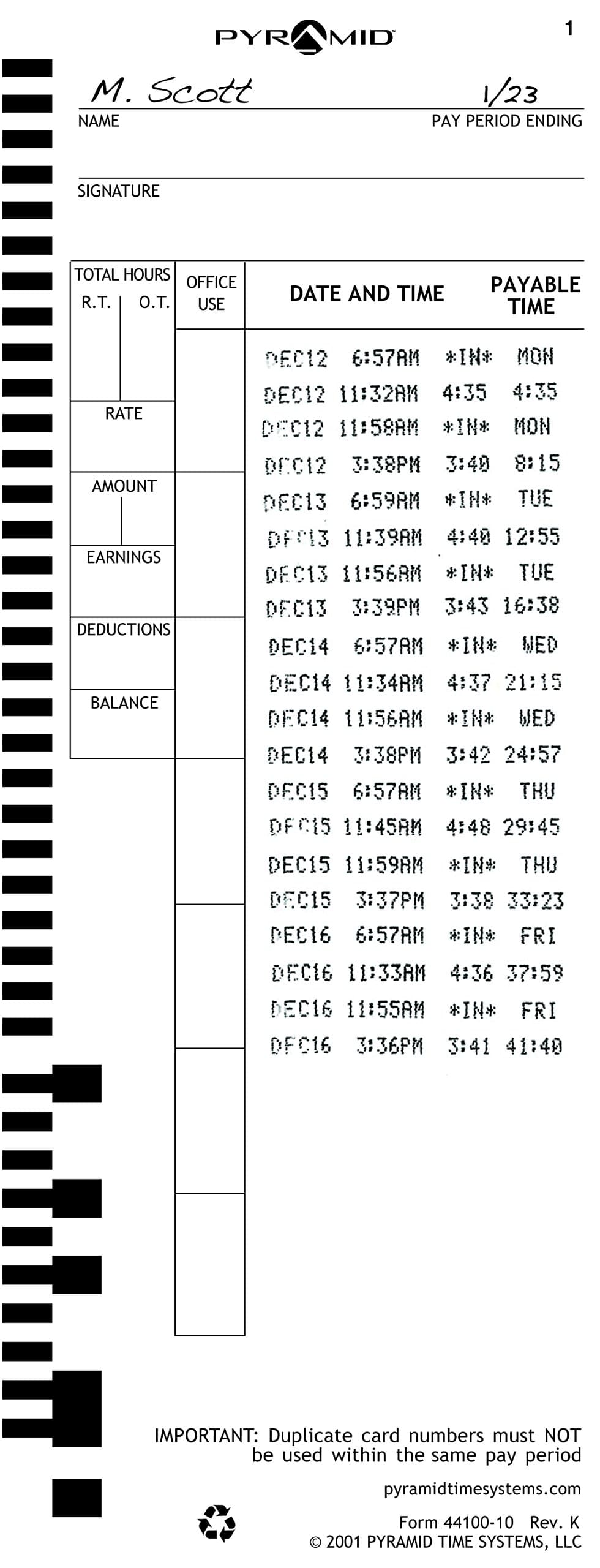 Pyramid Time Systems44100-10MB, 1,000 Count Genuine and Authentic Time Cards for 4000, 4000Pro, 4000ProK and 5000 Series Time Clocks from Pyramid, Time Cards