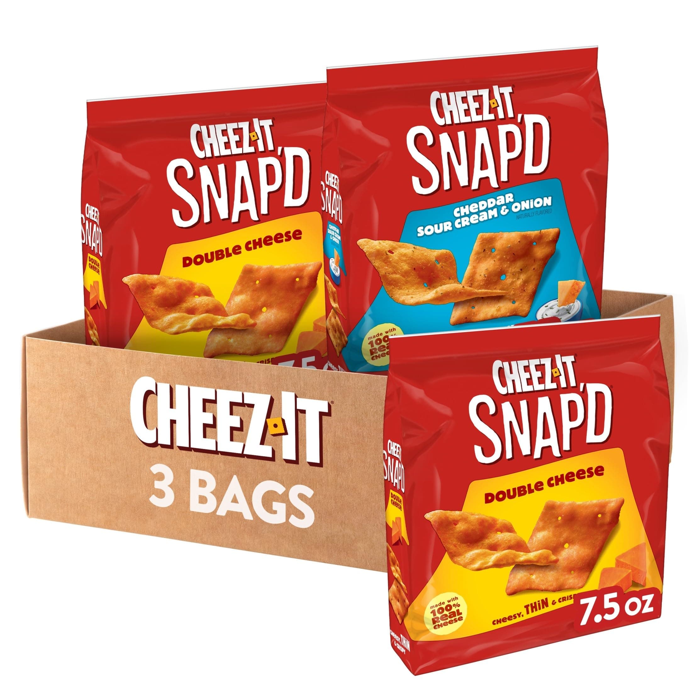 Cheez-It Snap'd, Cheese Crackers Chips, Thin Crisps, Lunch Snacks, Variety Pack, 22.5oz Box (3 Bags)