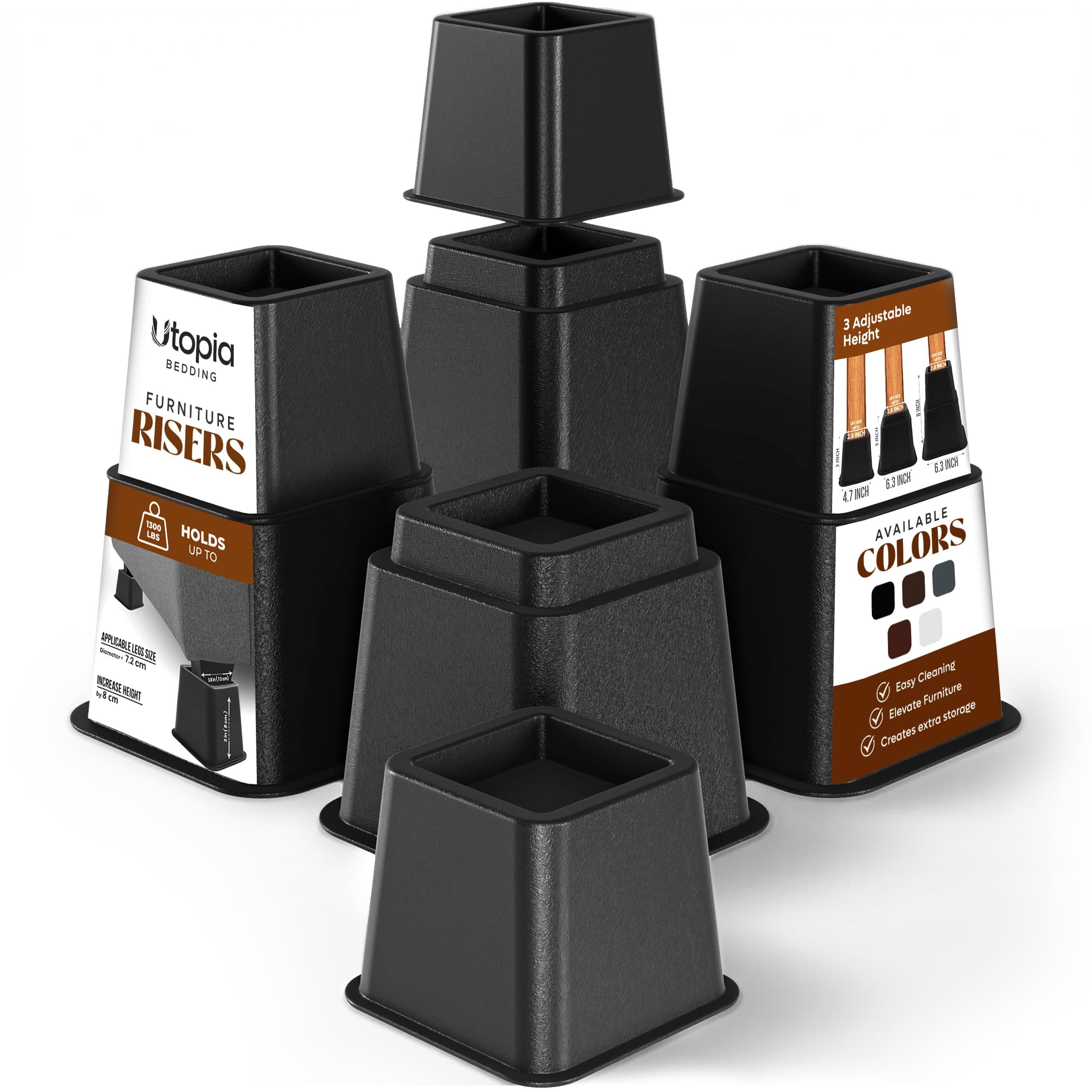 Utopia Bedding 8 Piece Premium Adjustable Furniture Risers (4 High and 4 Short) - Heavy Duty Riser with Strong Space Saving for Beds, Tables, Chairs or Sofas (3, 5 or 8 Inch) - Black