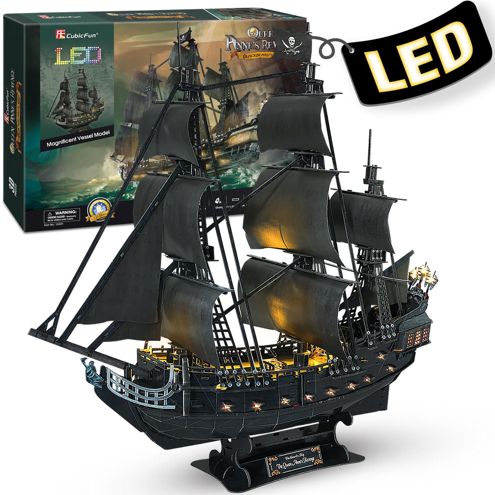 CubicFun 3D Puzzles Pirate Ship and Sailboat Vessel Black Pearl Highly Difficult Model Ship Kit Queen Anne's Revenge (Large with LED Lights) Building 3-d Puzzles Gifts for Adults and Kids, 340 Pieces