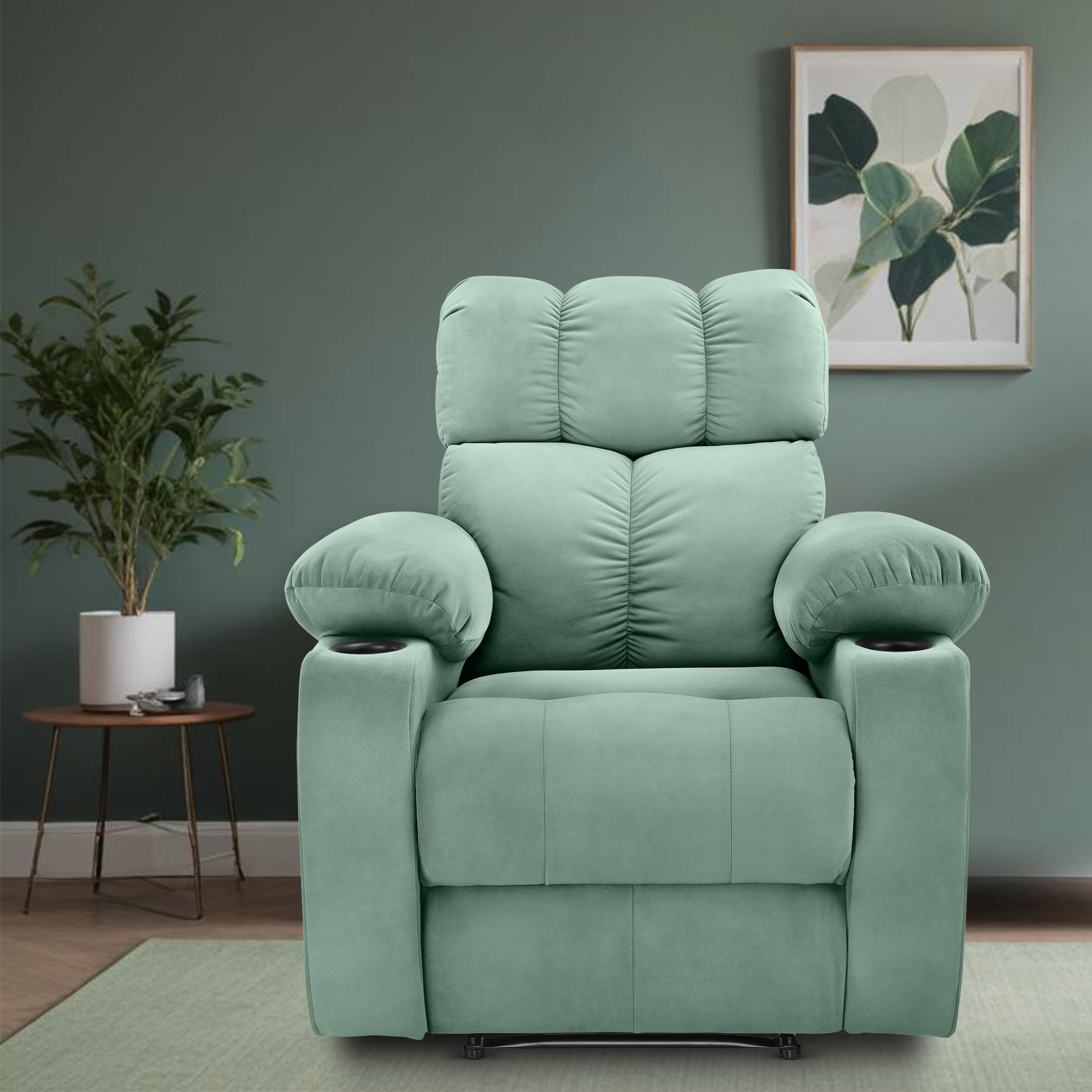 Little NAP Helios Soft Suede Fabric Single Motorized with Cup Holder Standard Recliner | Padded 1 Seater Aaram Sofa | Relaxing Chair for Home Office Living Bed Room | Green