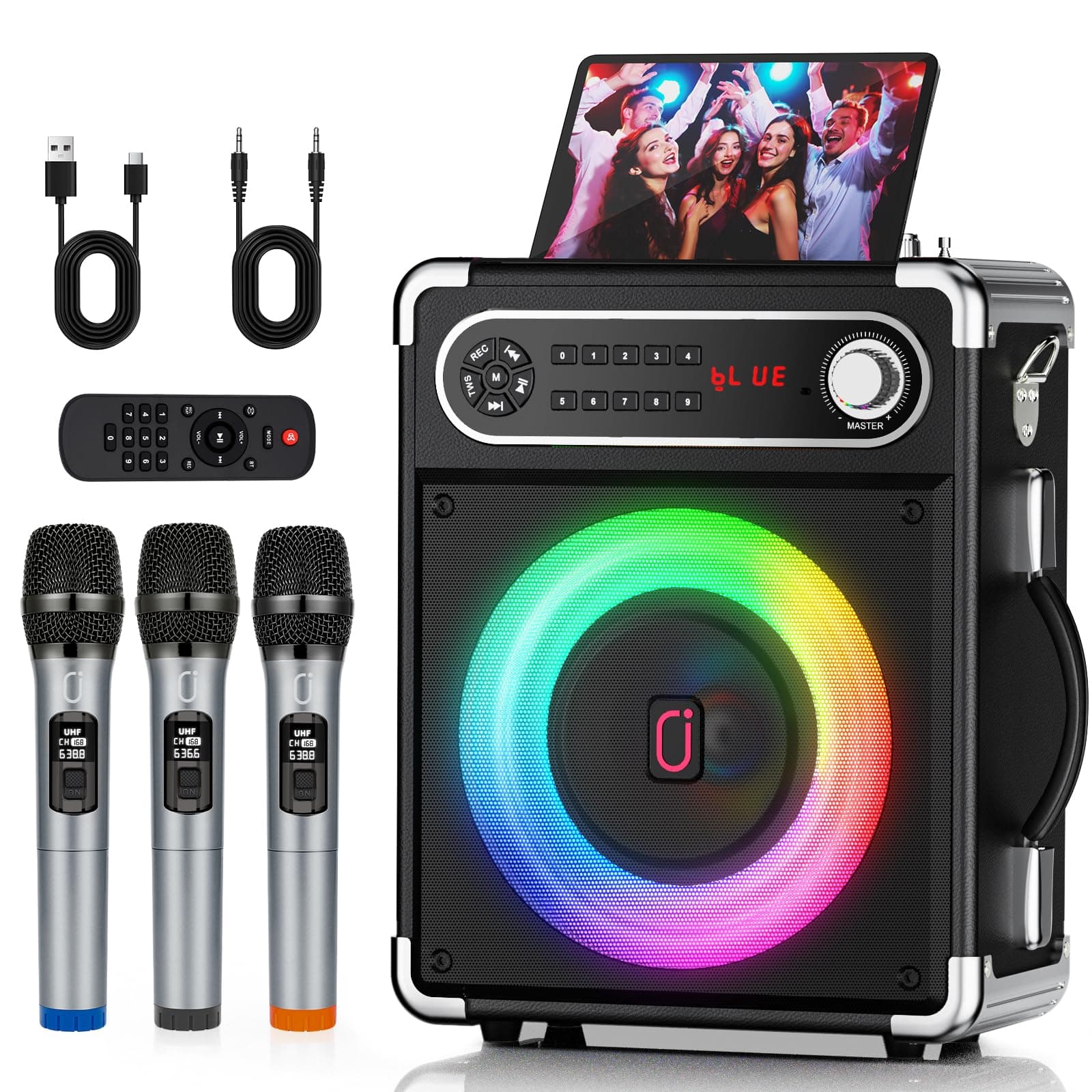 Karaoke Machine, Portable Bluetooth 5.3 Karaoke Speaker with 3 Wireless Microphones for Adults with LED Lights for Outdoor/Home Party, PA System Supports TWS and TV connectivity Stage-subwoofers