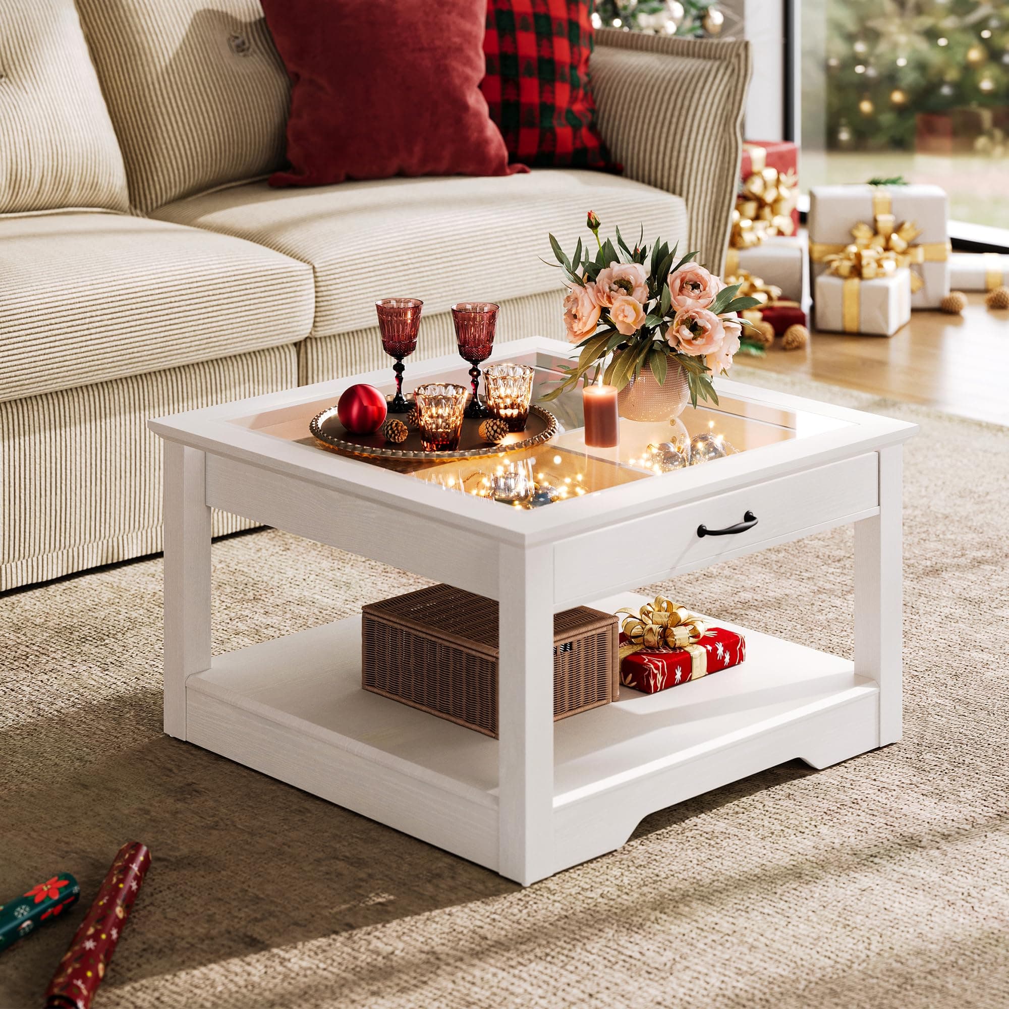 LINSY HOME Coffee Table, 31.5" Square Coffee Table with Glass Tabletop, Open Display Area and Storage Drawer, Modern Farmhouse Center Table for Living Room, White